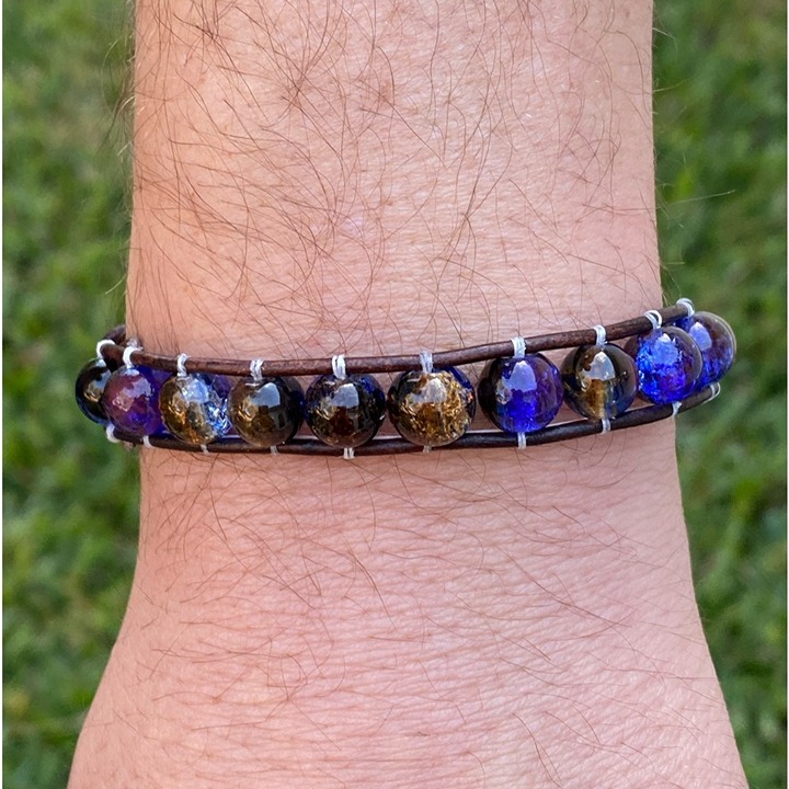Handmade Men’s Adjustable Blue Brown Bead Leather Bracelet
