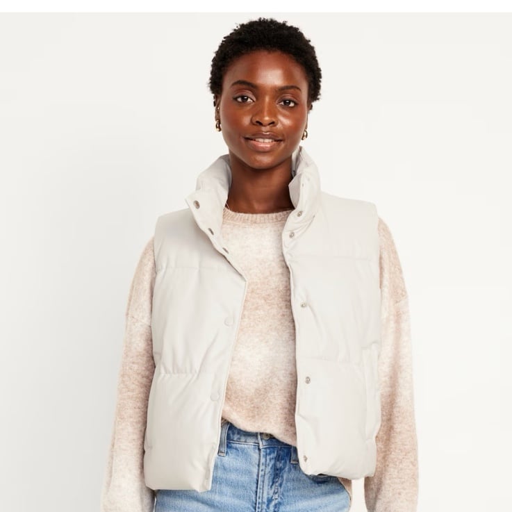 NWT OLD NAVY Faux-Leather Puffer Vest COLOR SILVER GREY Product Details standing