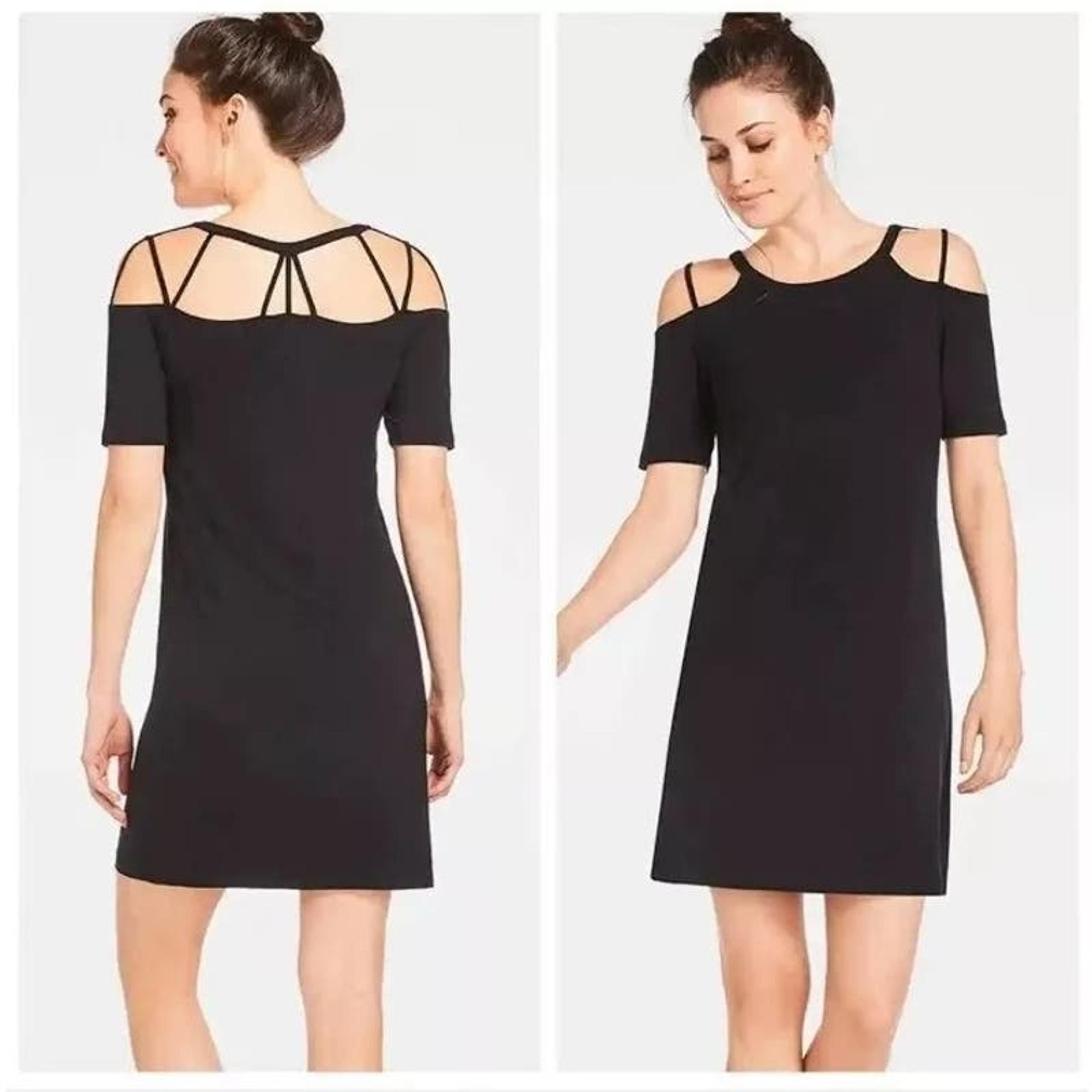 Fabletics Dress Black Small Short Sleeve Stretch Cold Shoulder Peekaboo Mini