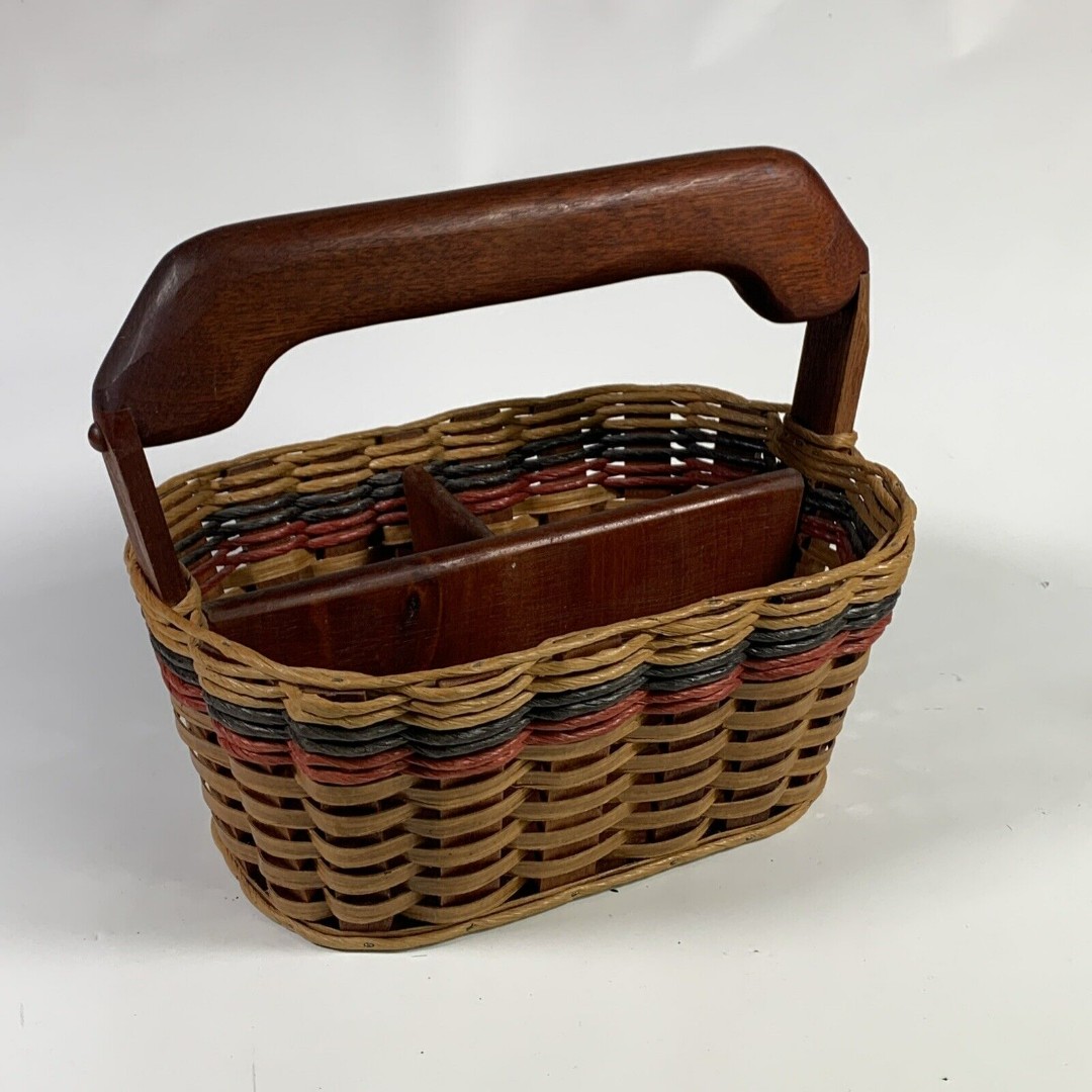 Vintage Handcrafted Wooden Woven Divider Compartment Utensil Picnic Basket