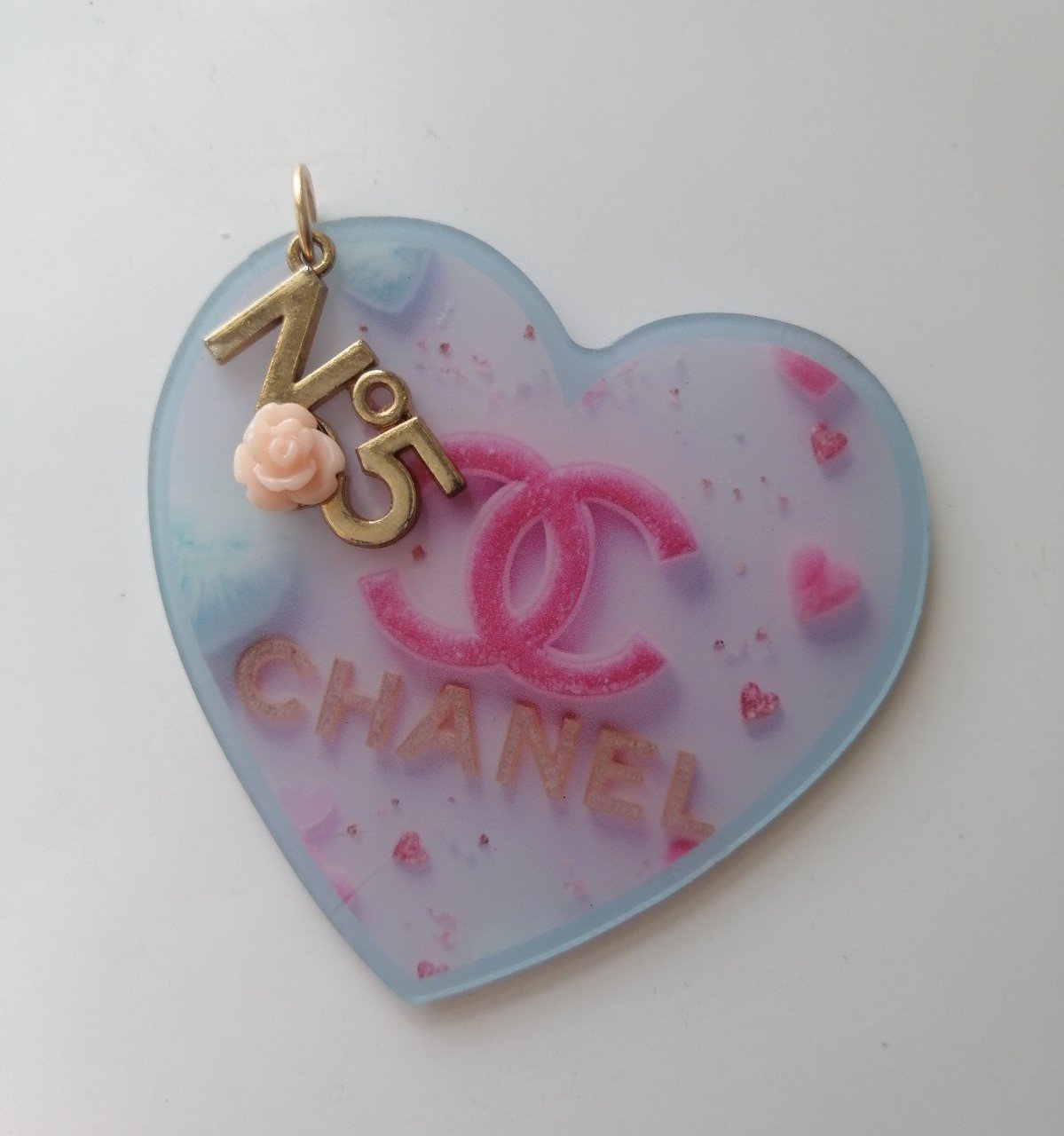 Vintage Chanel Pink Camellia #5 gold charms love heart pendant