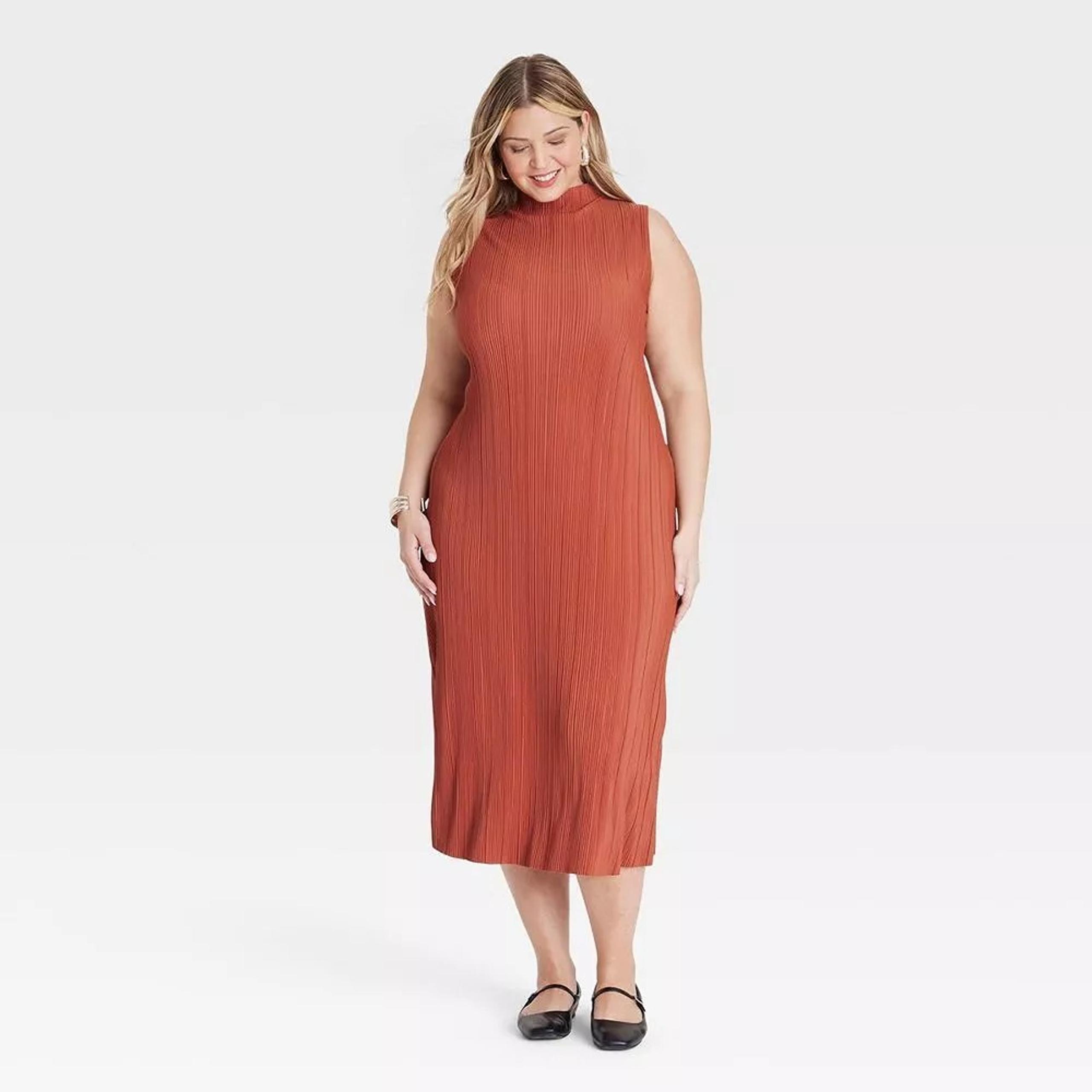 NWT Ava &Viv sz:2XL (20/22) Women's Rust Midi Sheath Sleeveless Mock Neck Dress