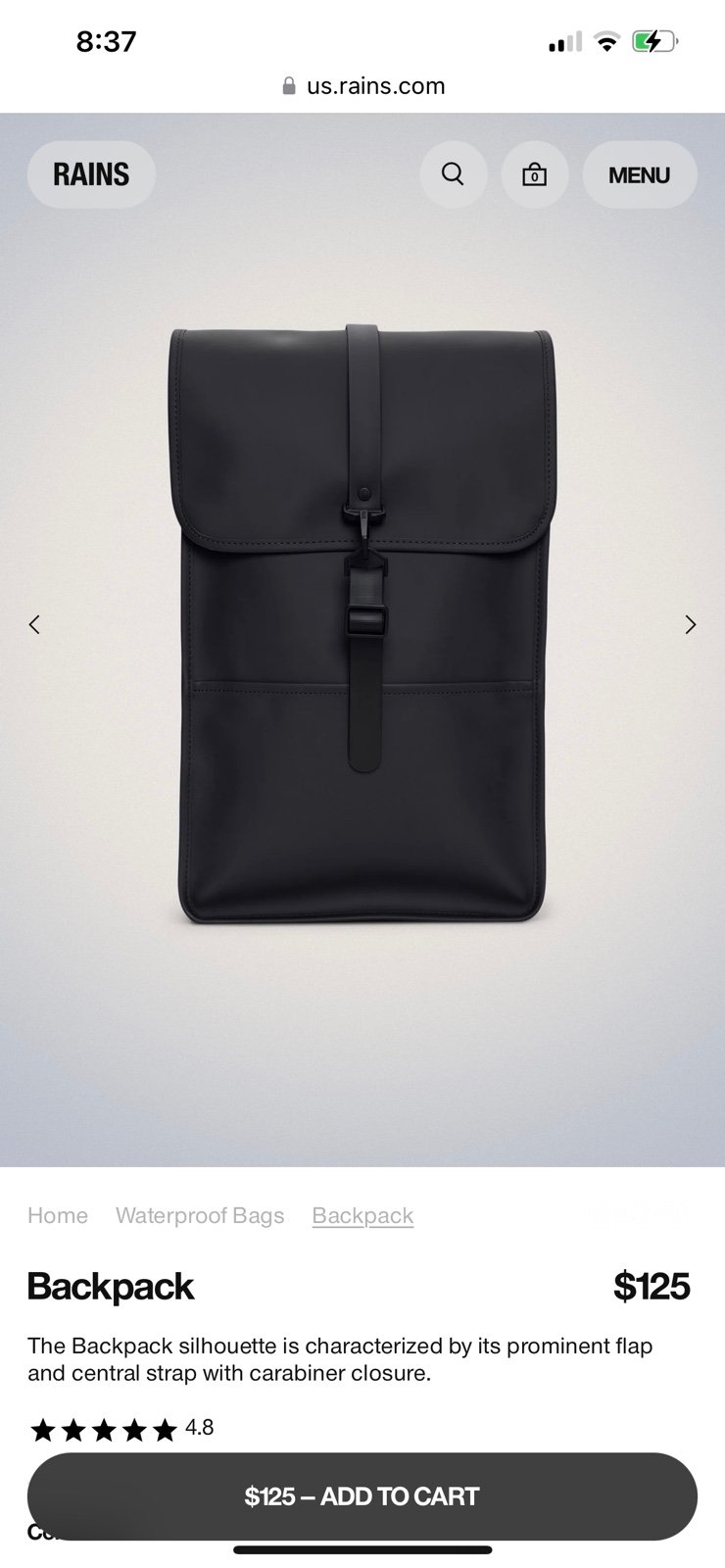 NWT RAINS BLACK REFLECTIVE BACKPACK