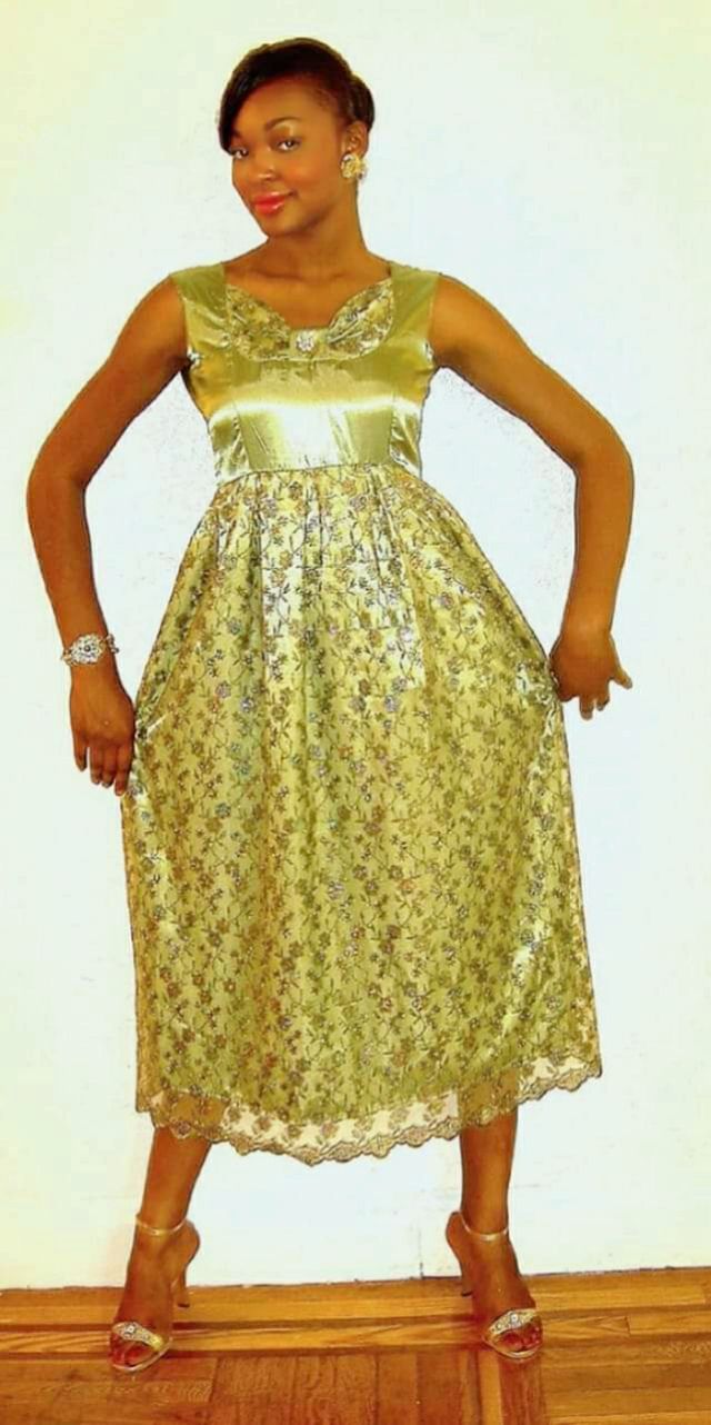 C.H. Design Olive Green Satin Lace Dress