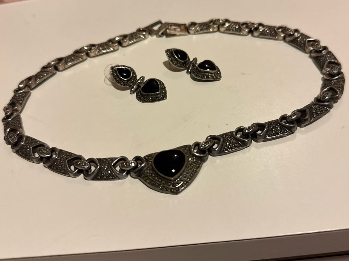 Vintage Necklace and pierced earrings set. Sterling Silver marcasite & onyx
