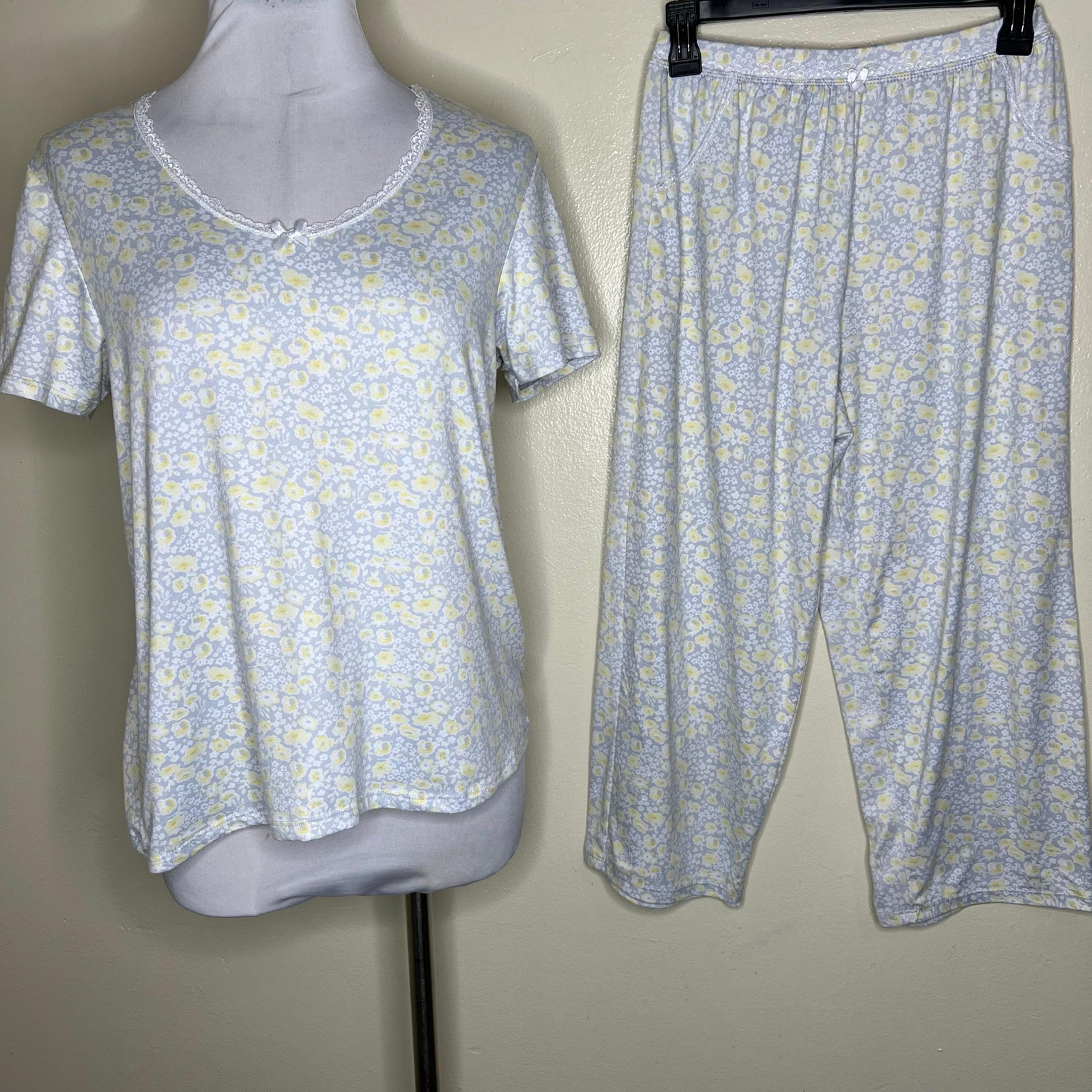 Rene Rofe 2 Piece Pajama Set MEDIUM Pants & Top Floral Gray Yellow Sleep Lounge