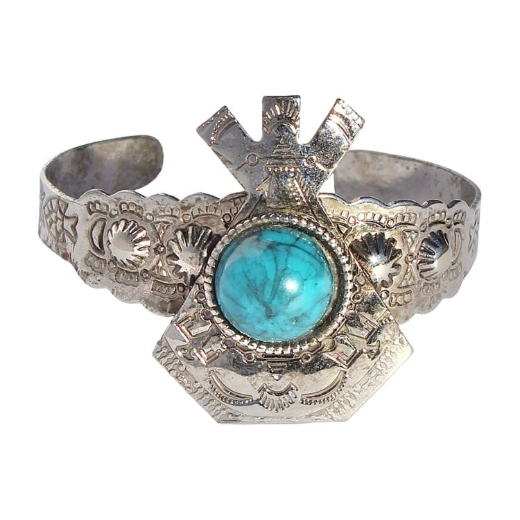 Vintage Southwestern Faux Turquoise Statement Cuff Bracelet Silver Tone Teepee