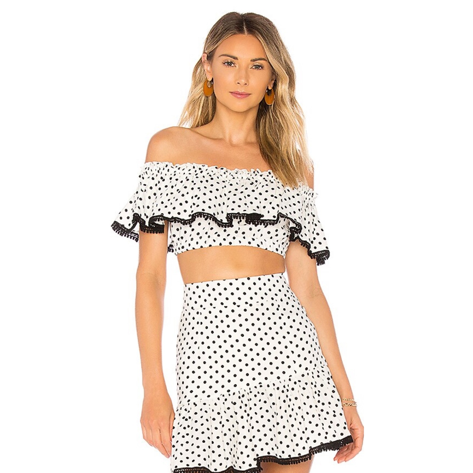 Suboo Polka Dot Crop Top Off Shoulder Ruffle Trim White Black XL
