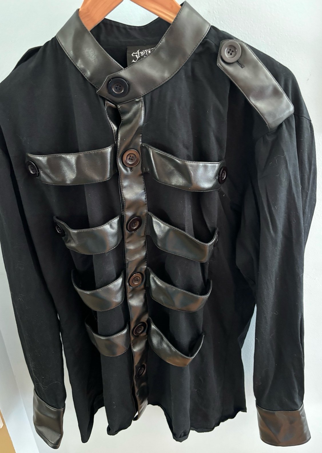 Shrine of Hollywood Goth black womens blouse top front button w vinyl sz Large