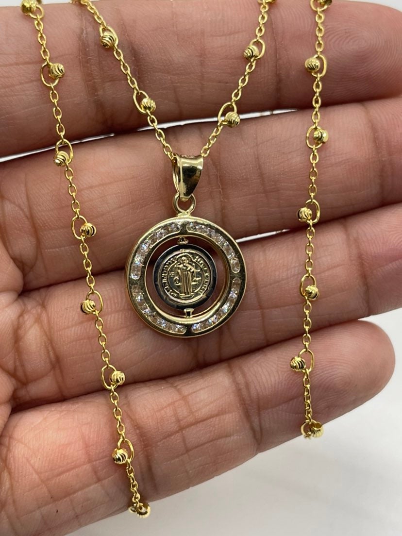 10K Gold Ball Station Necklace & San Benito Charm