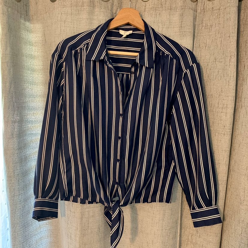 JOIE Navy Striped Tie Front Buttondown S