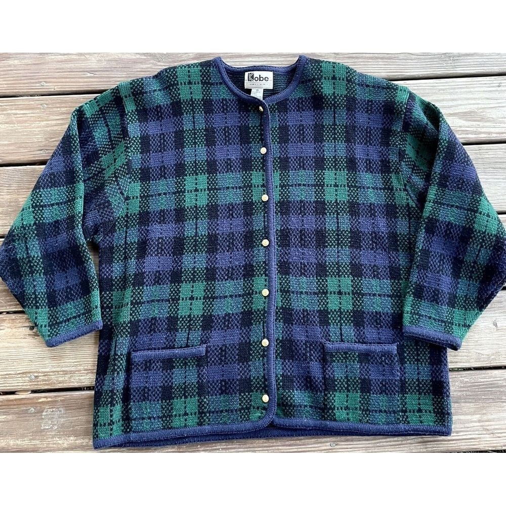 Vintage Kobe Blackwatch Plaid Knit Cardigan Sweater Womens Size 2X