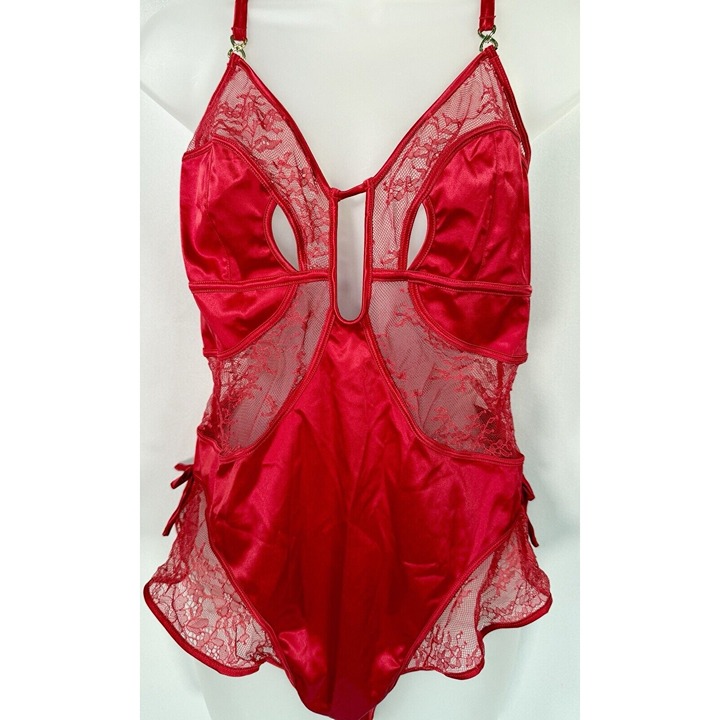 Honey Birdette Size XXL Rich Red Satin Sexy Lace Thong Teddy 190 MSRP