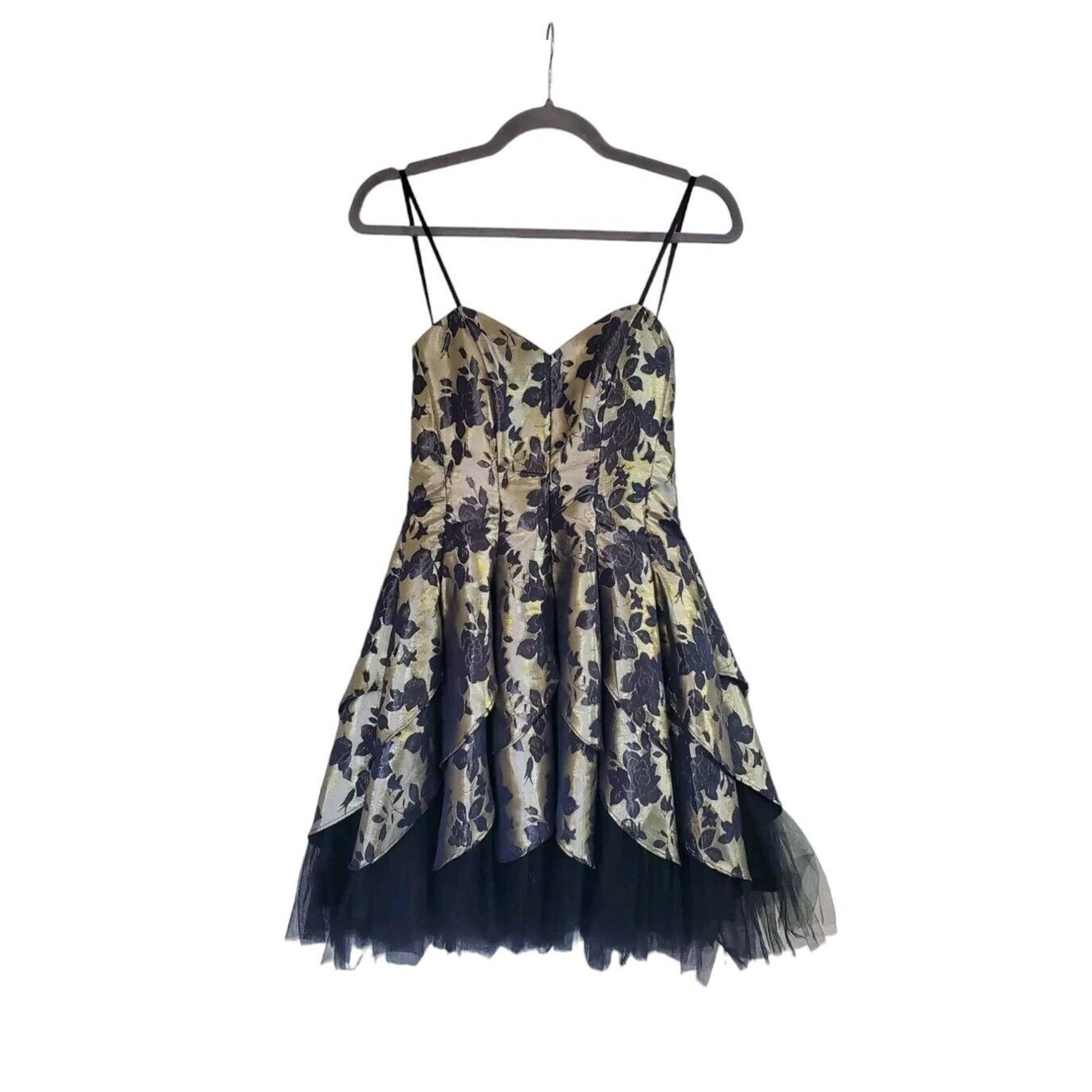 Vintage Rare Roberta Cocktail Dress Black Gold Layered Skirt 80's, Size 5/6