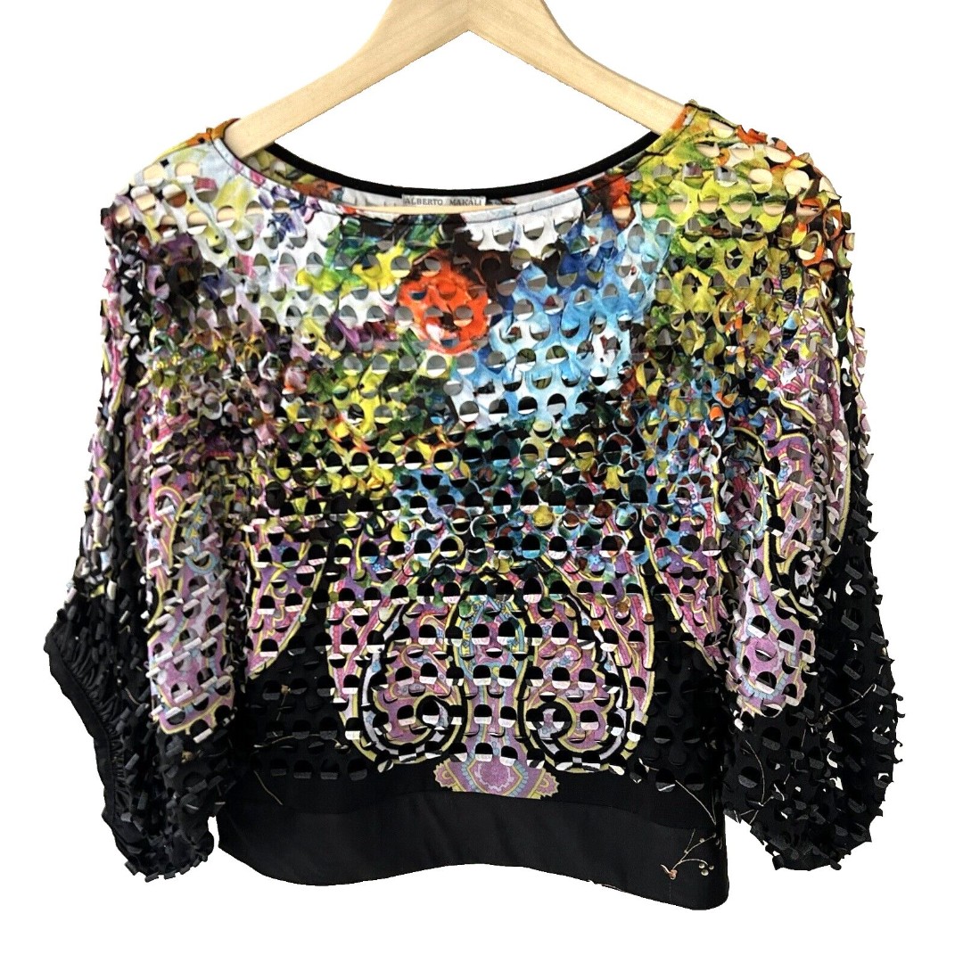 Alberto Makali Top Size Medium Open Weave Colorful Layered Batwing Art to Wear