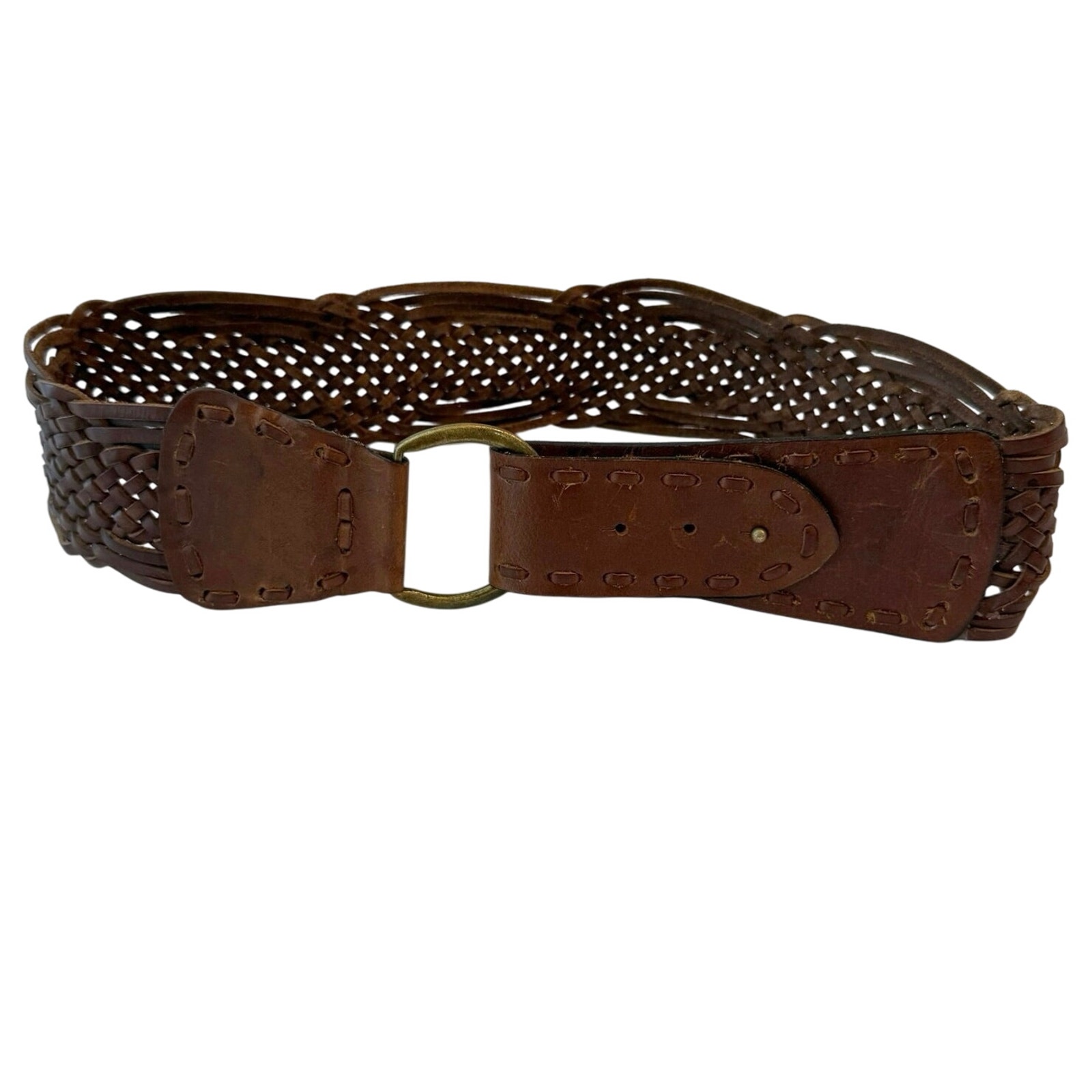 Braided Belt Size 35 Brown Leather Wide Width Brass Buckle Boho Renaissance SM