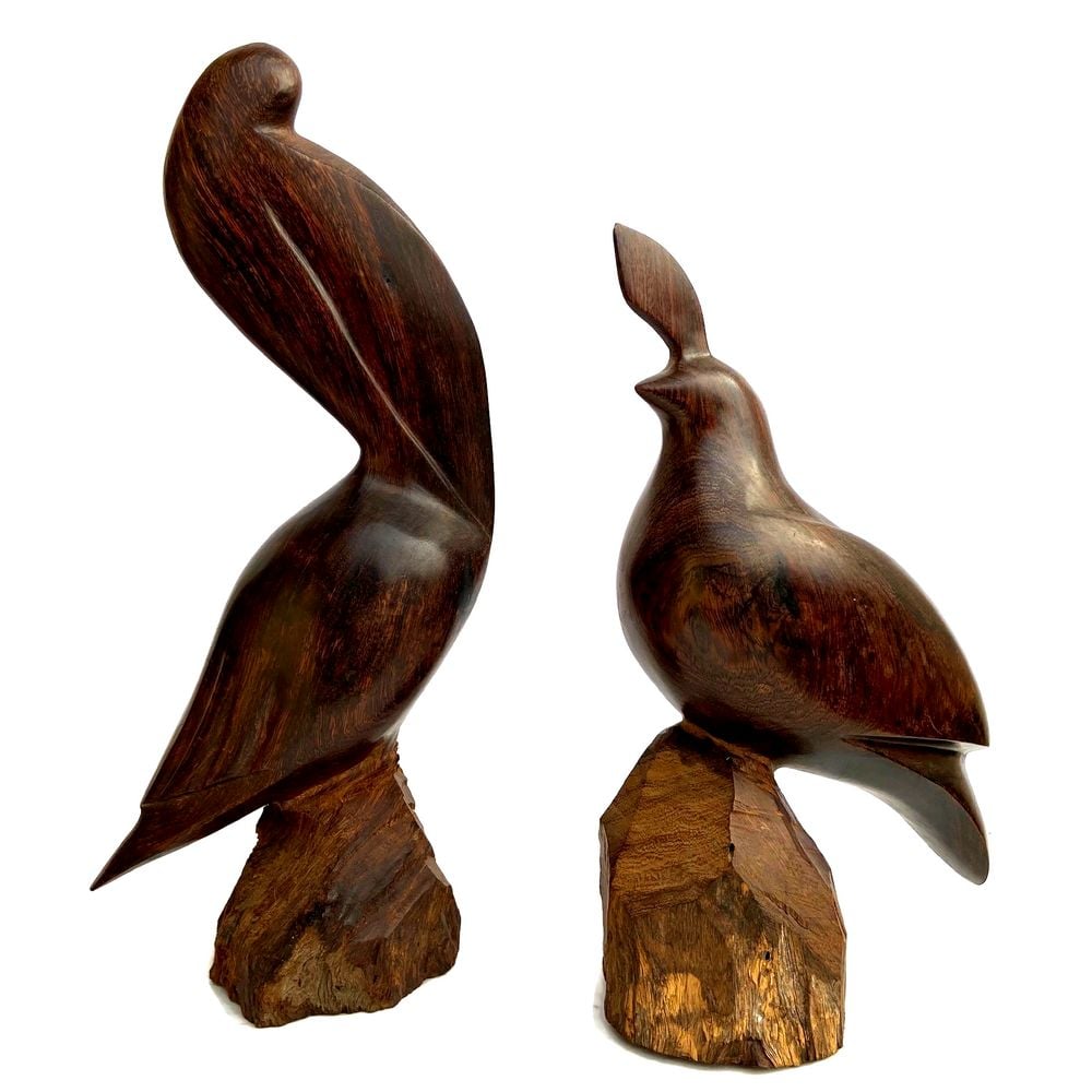 Vintage Mid Century Modern Carved Teak Wood Pelican Quail Bird Sculptures Set`