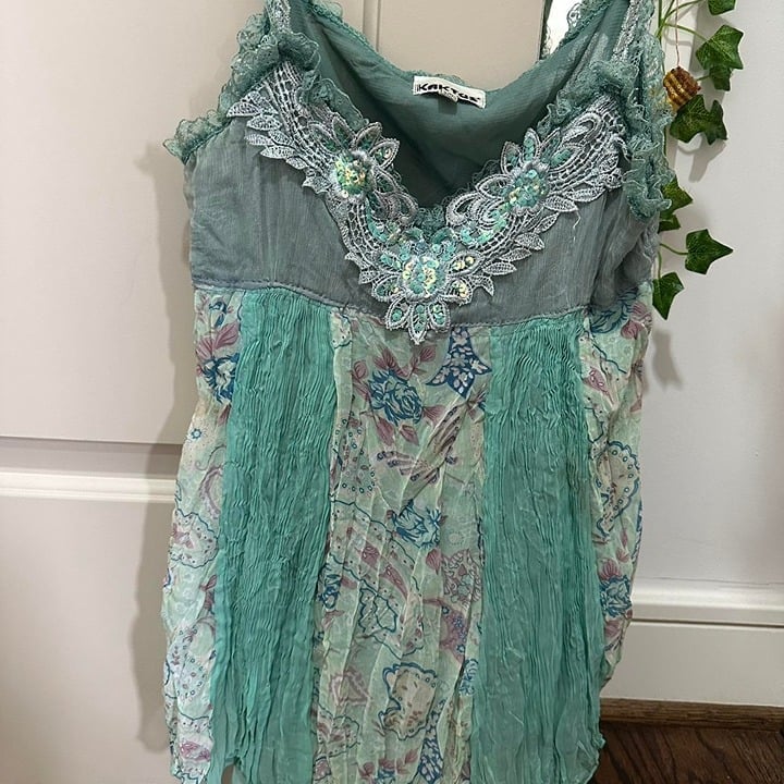 Kaktus Fairy Vintage Rare Teal Sequin Embroidered Floral Mesh Cami Tank