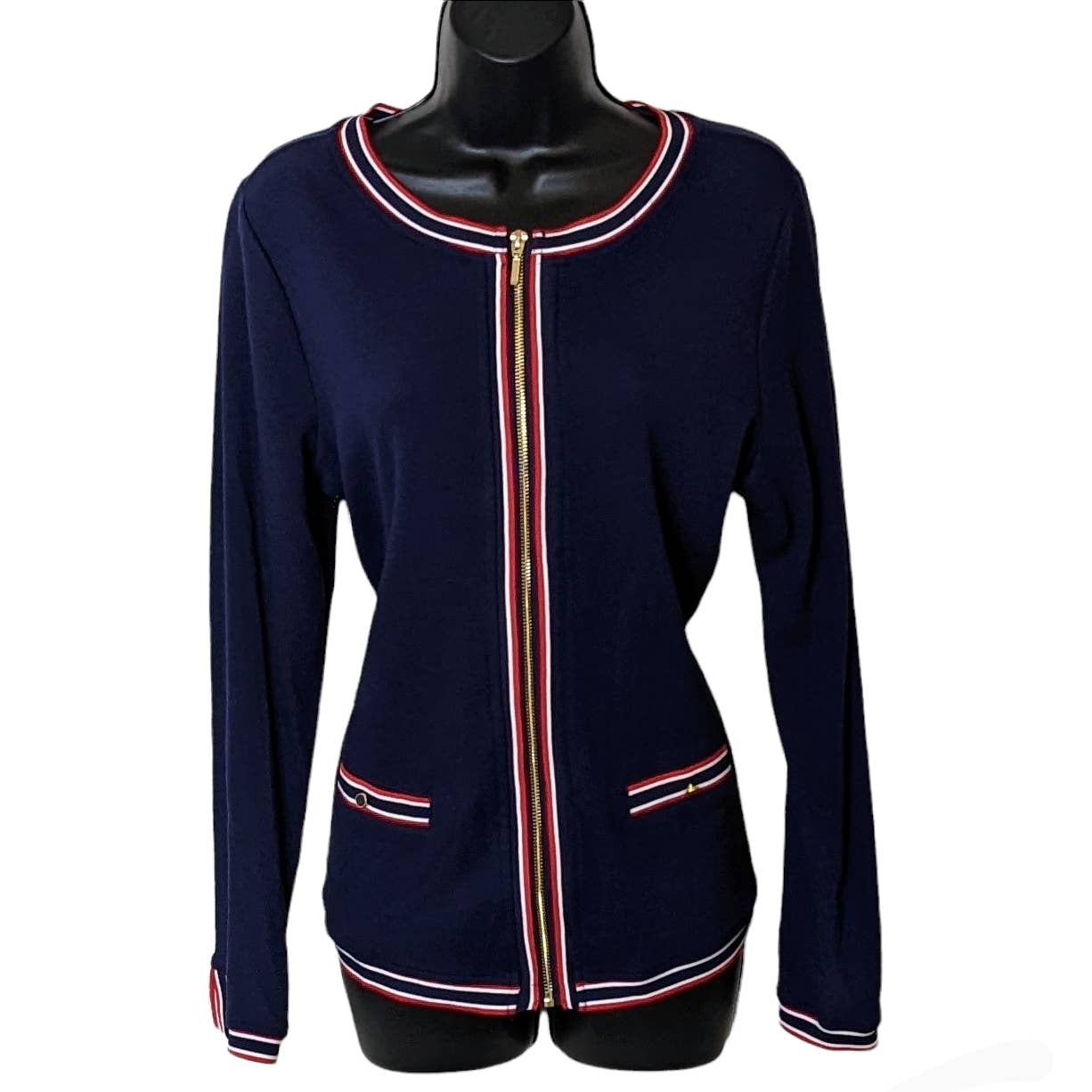 Kathy Daniels Nautical Red White Navy Knit Zip Top Size S NWT
