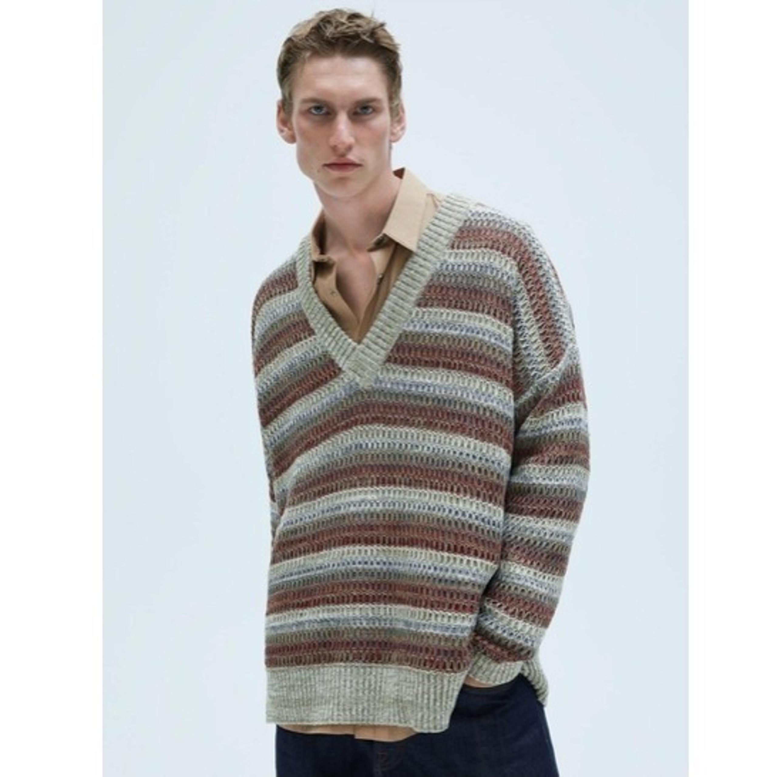 Zara Mens Brown Tan Stripe V Neck Long Sleeve Sweater Large