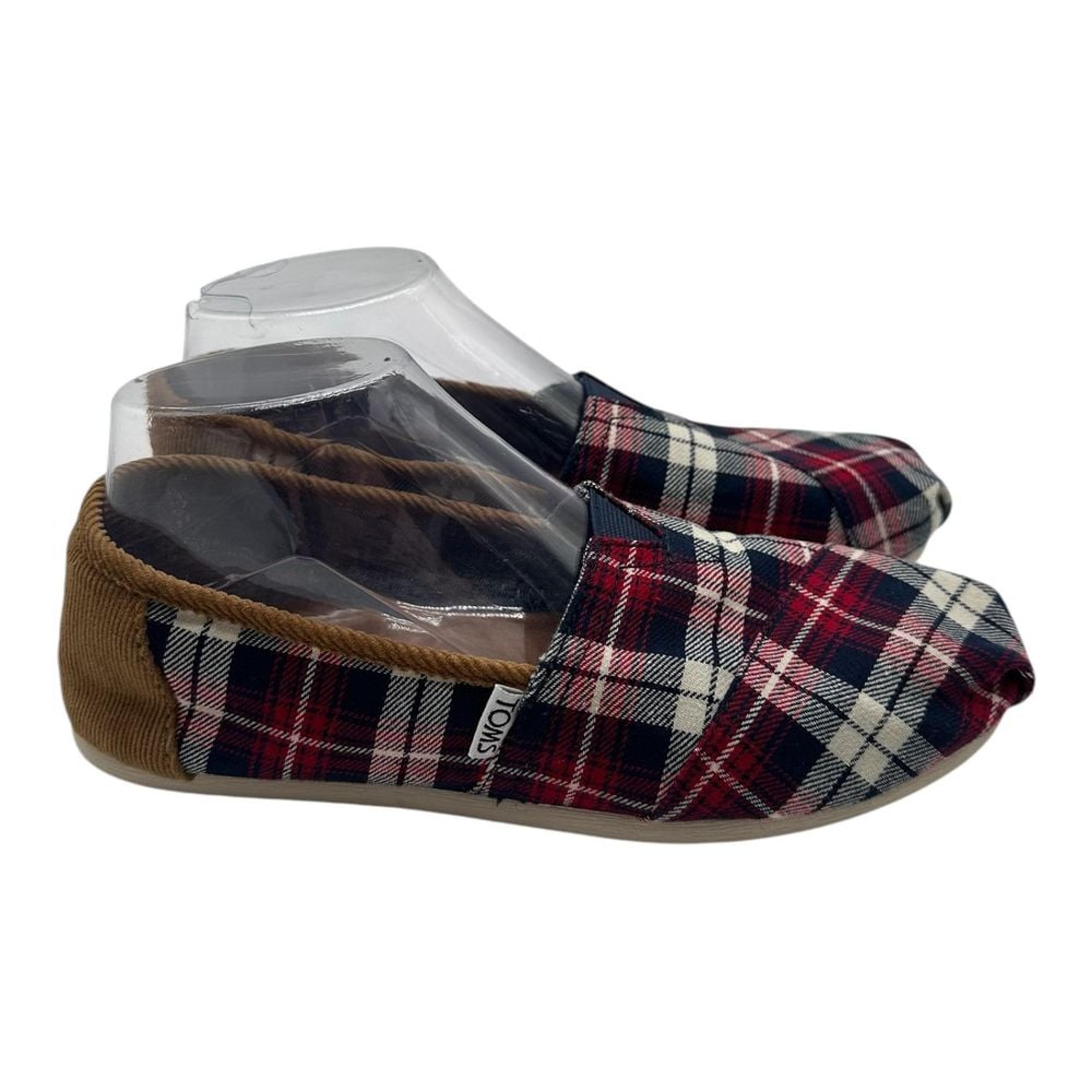 Classic Slip On Loafers Womens 8 Red Checkered Plaid Corduroy Trim 10011107 - TOMS