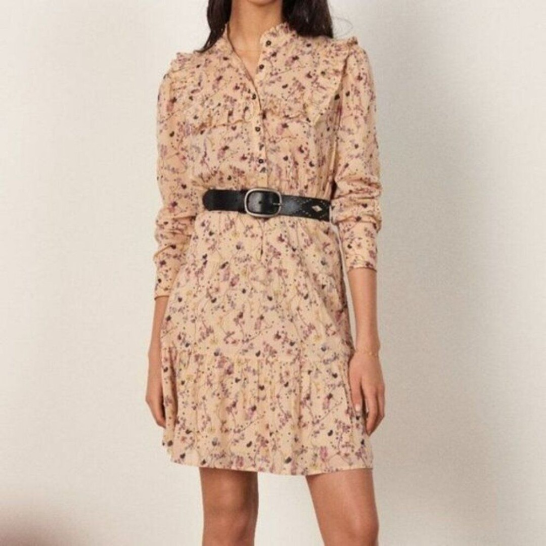 ba&sh Robe Belle Ruffled Floral Print Long Sleeve Cotton Mini Dress Nude M