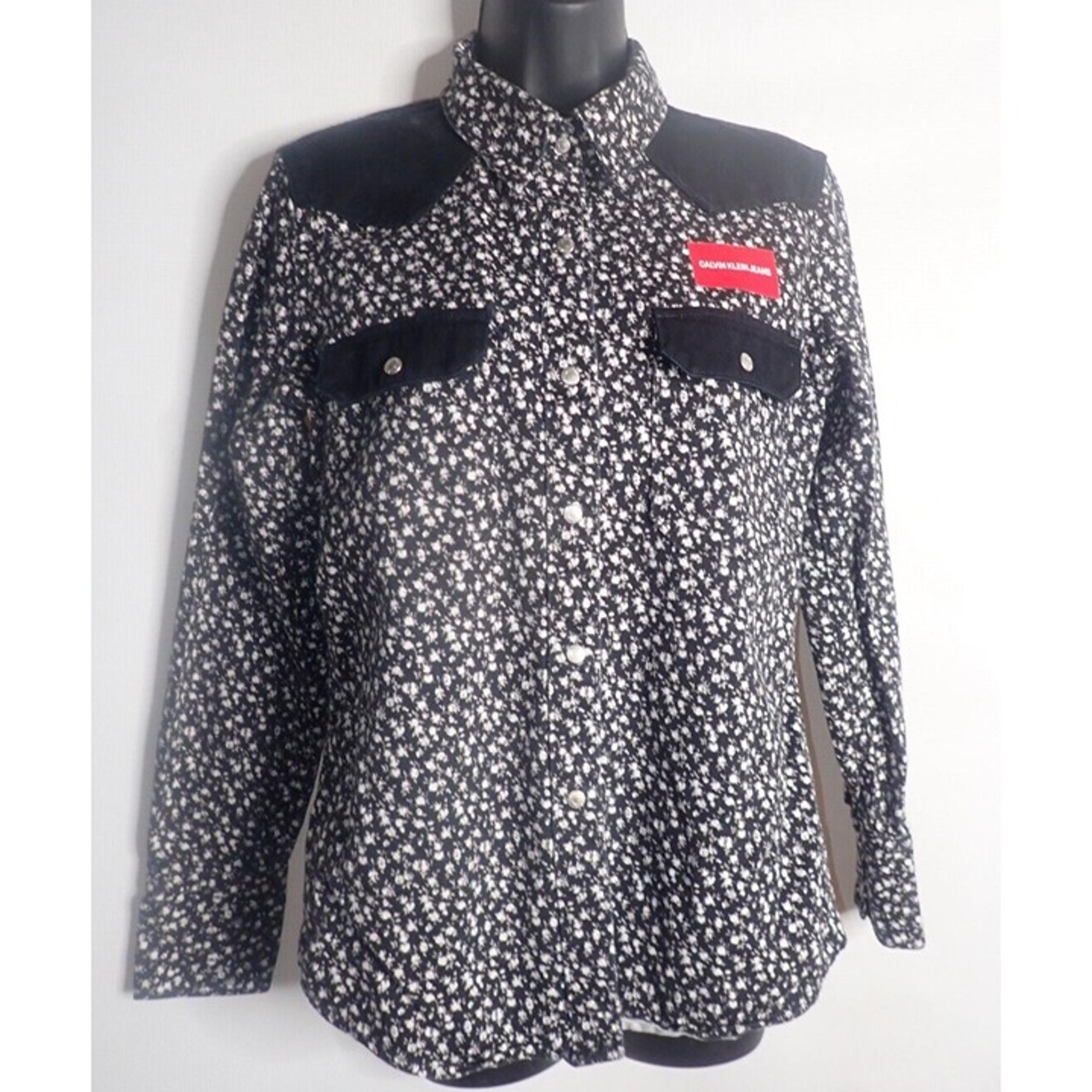 Calvin Klein black Denim Western Colorblock Pockets Full Snap Shirt Women M