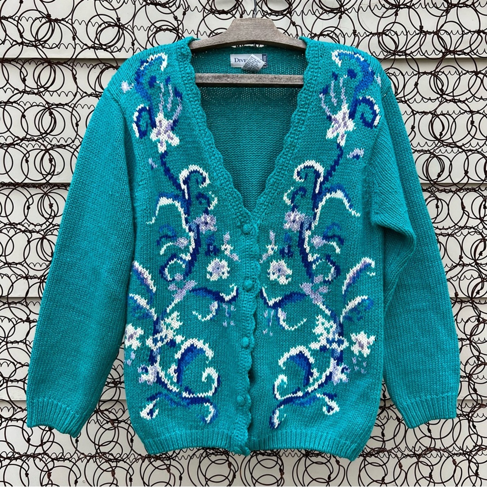 Vintage teal floral vining knit cardigan sweater with crochet scalloped trim