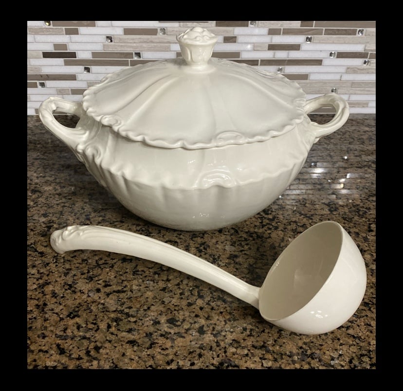 Vintage Porcelain Soup Bowl with ladle- signed E.T. 1969