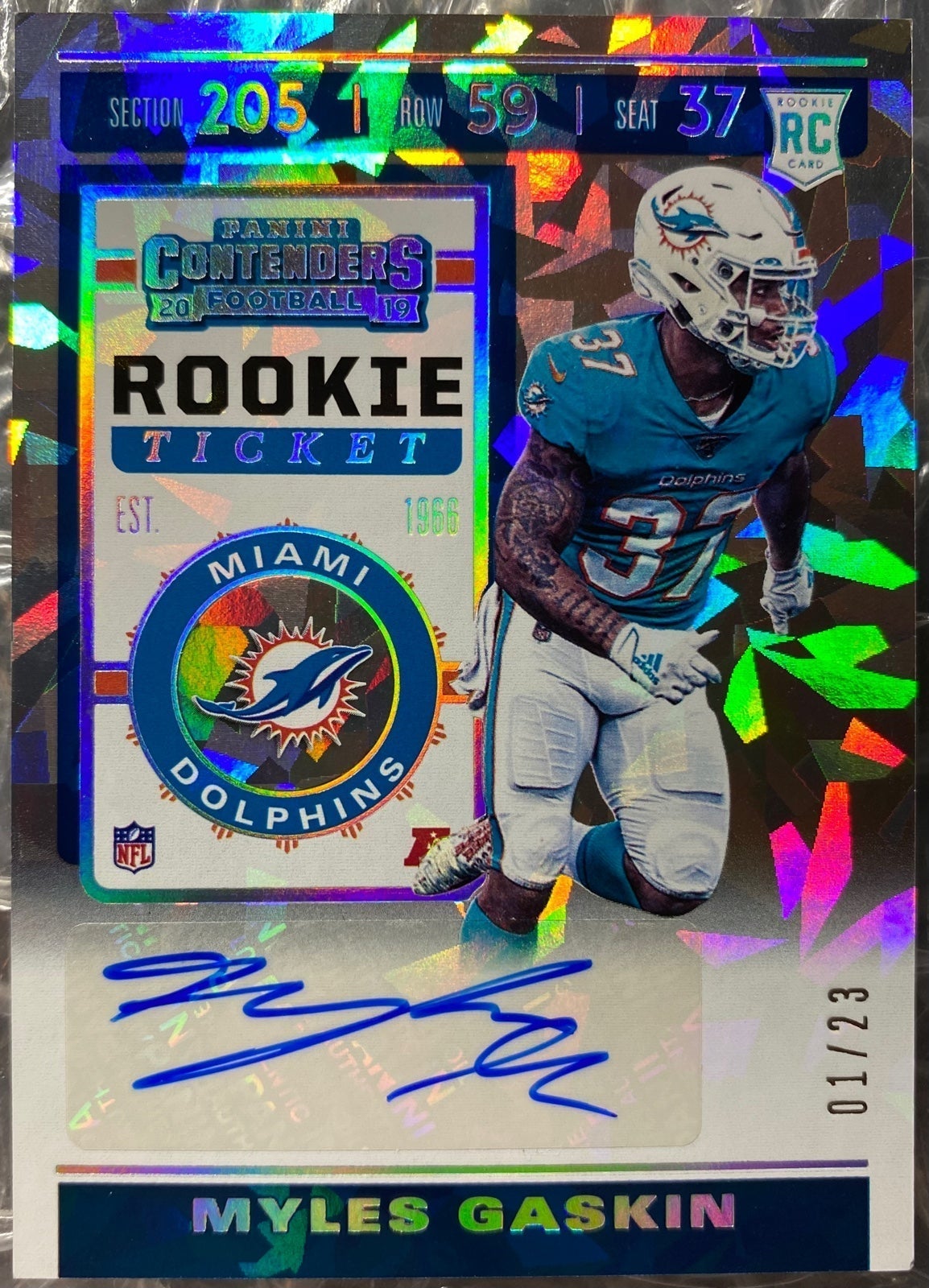 2019 Contenders Myles Gaskin Cracked Ice Rookie Ticket Auto Miami Dolphins 1/1
