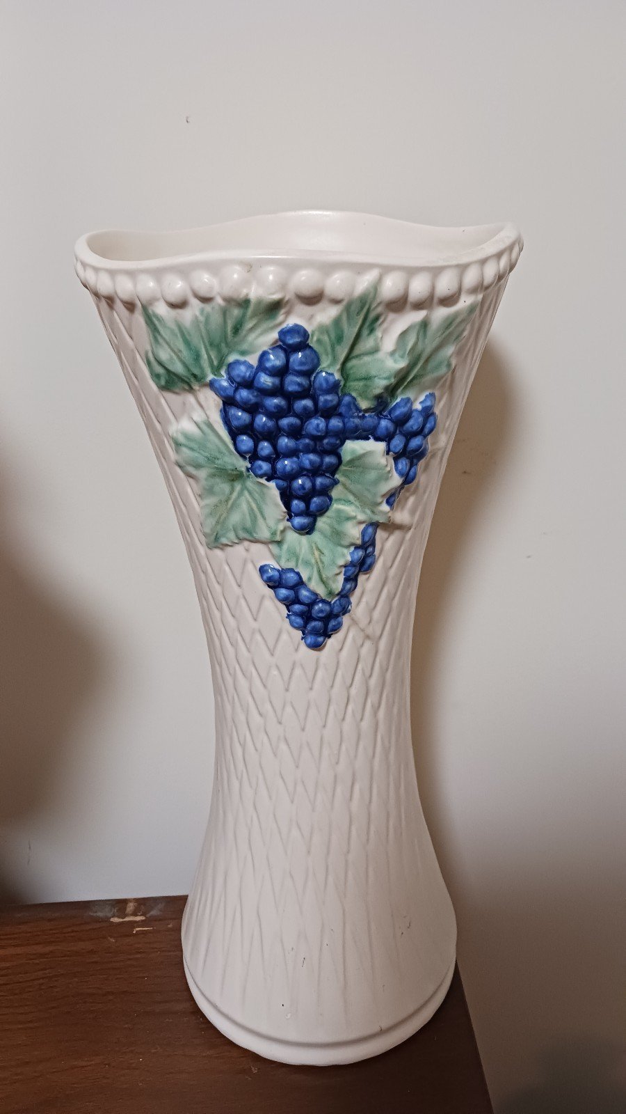 Vintage McCoy Pottery Curio Line Vase 14.5 White Green Blue Grapes Art Deco