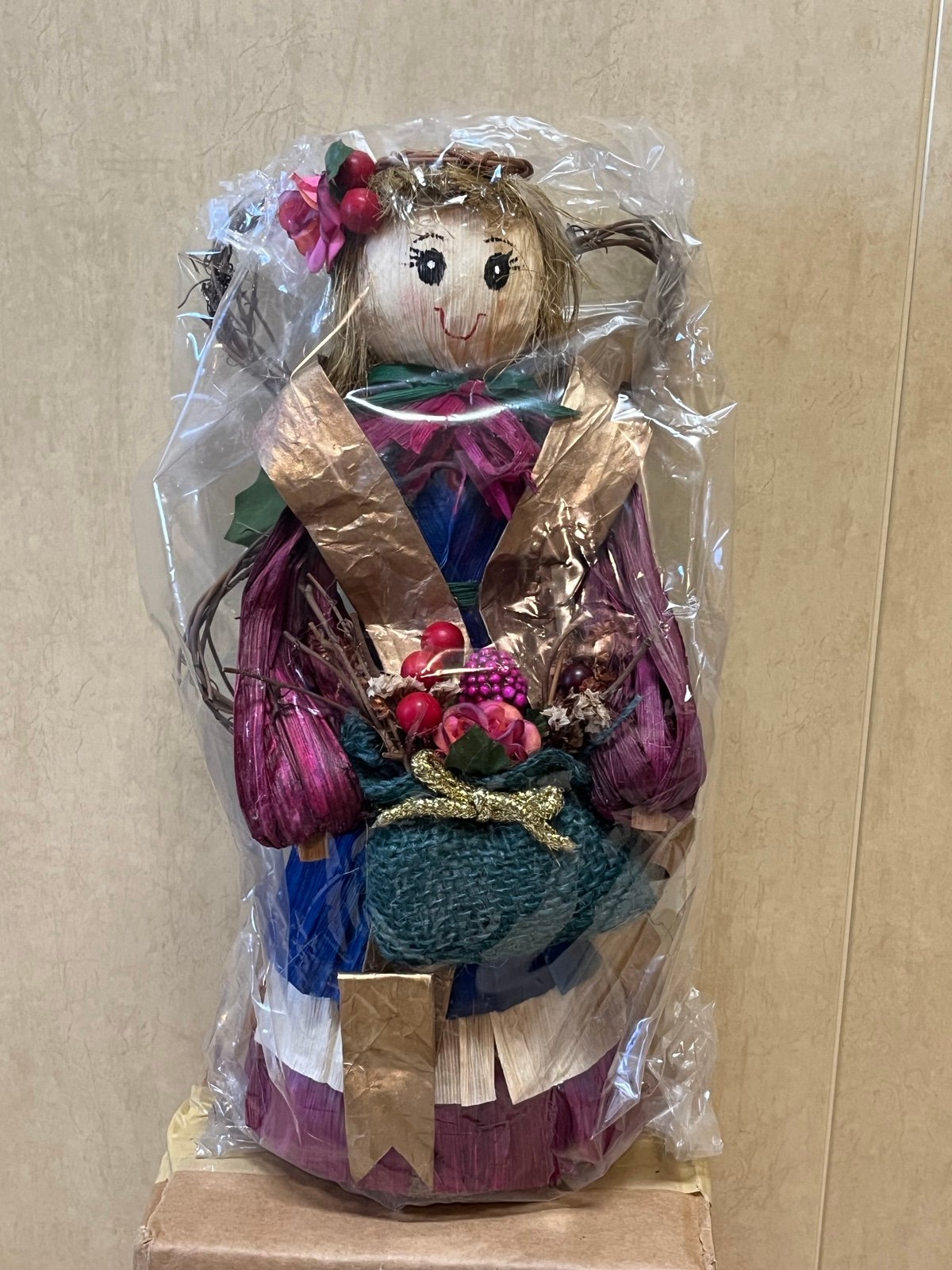 Vintage Jute & Corn Husk Angel Doll with Flowers Handmade Folk Art Colorful NEW