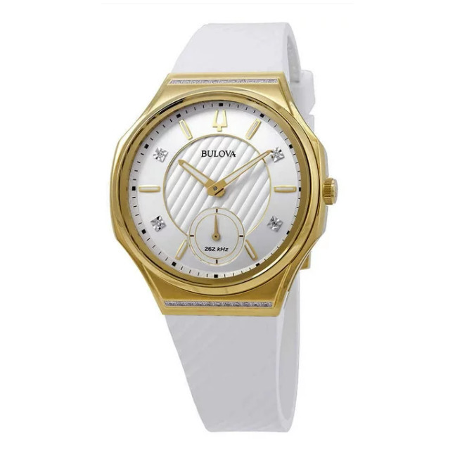 BULOVA 98R237 CURV WHITE DIAMOND DIAL GOLD CASE WHITE SILICONE BAND WOMENS WATCH
