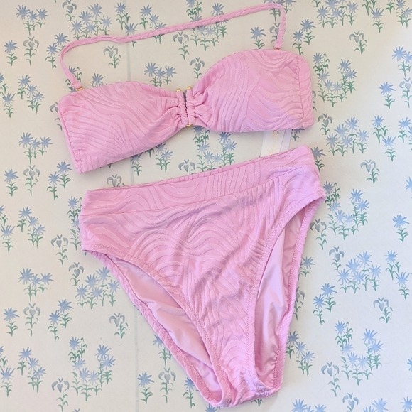 Sunshine 79 Groovy Swirl Bandeau Bikini 8 Pink High Waisted Bottom NEW