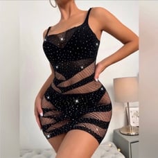 Black Rhinestone Studded Lingerie Bodystocking Dress