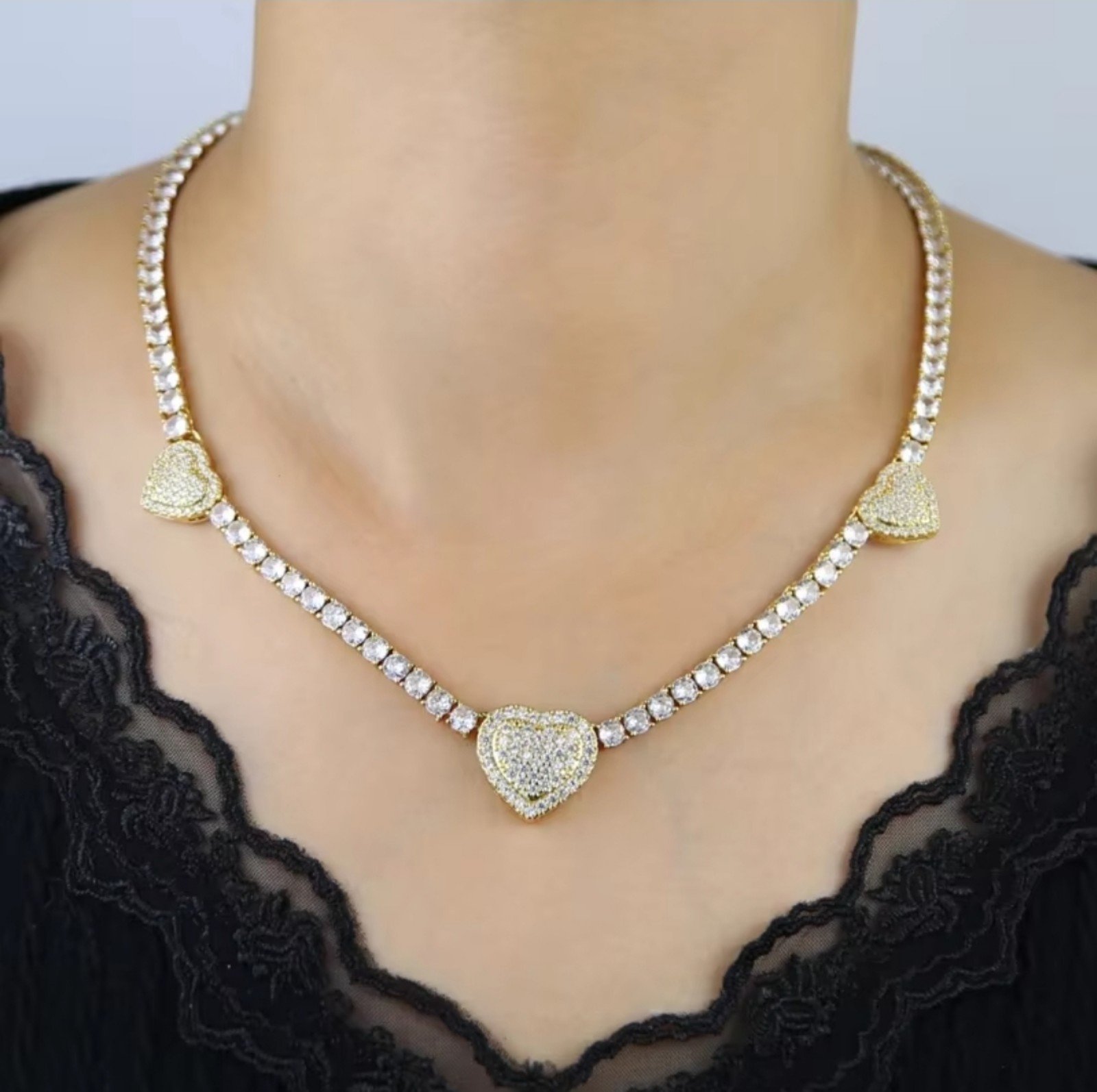 Iced Out Bling Cz Heart Tennis Necklace Micro Paved Cubic Zirconia