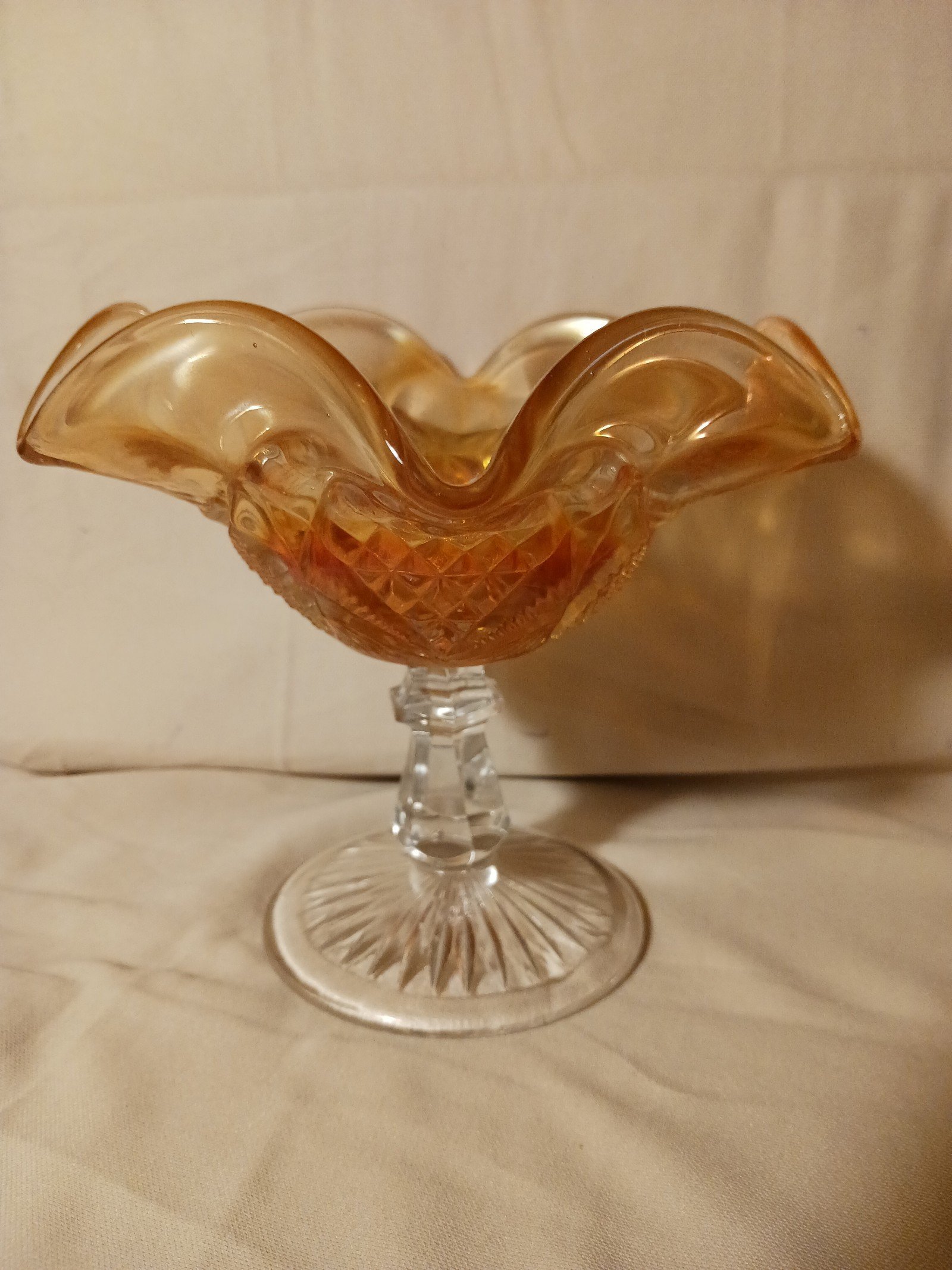 Vintage Fenton Glass Iridescent Marigold Ruffled Pedestal Dish Compote