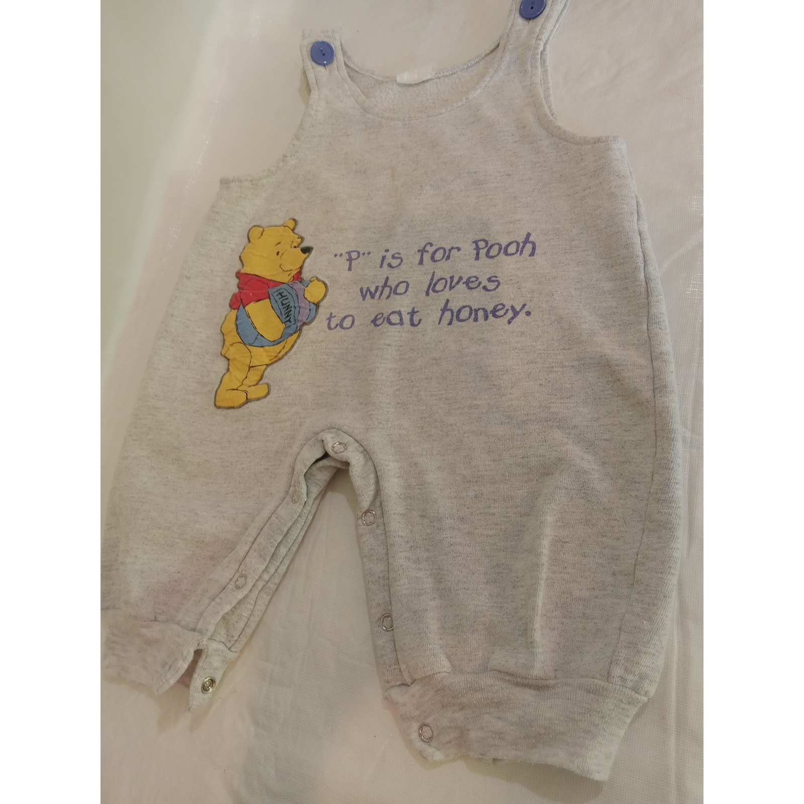 Vintage Winnie the Pooh Romper Overall Jumpsuit Gray P is for Pooh Toddler Baby