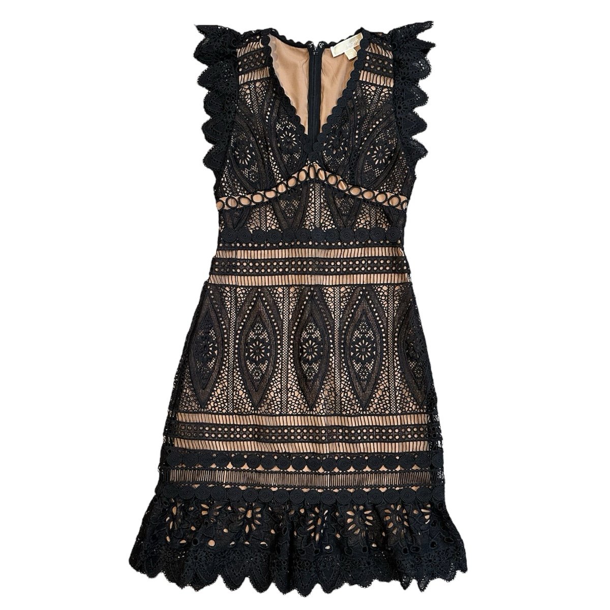 Michael Kors Women's Floral Lace Mini A-Line Back Zip SS Black Dress Size P/XS