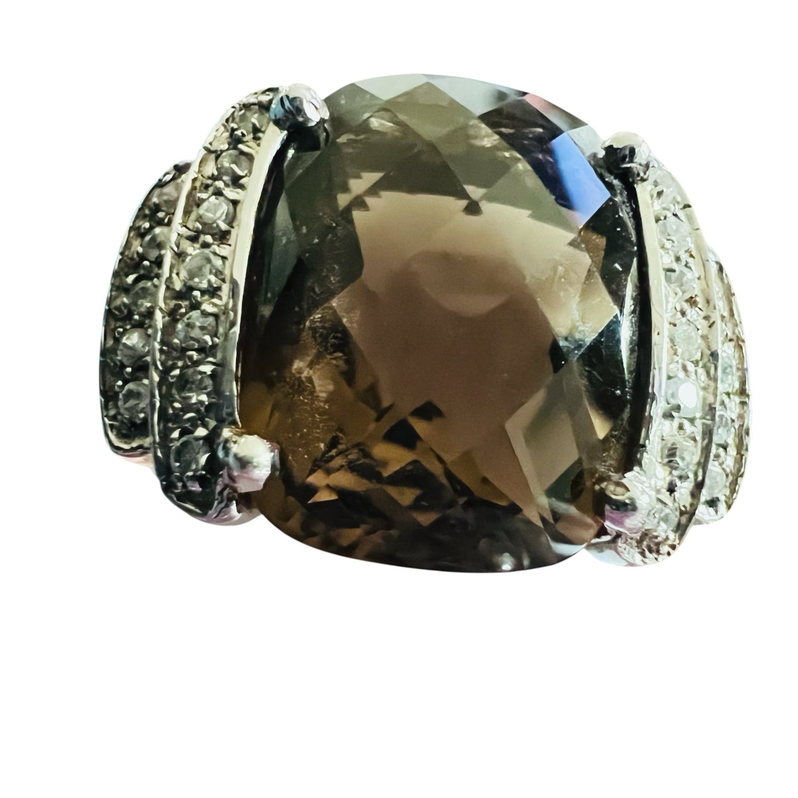Sterling Silver Faceted Smoky Quartz Accent Collar Statement Band Ring, Sz 8.75
