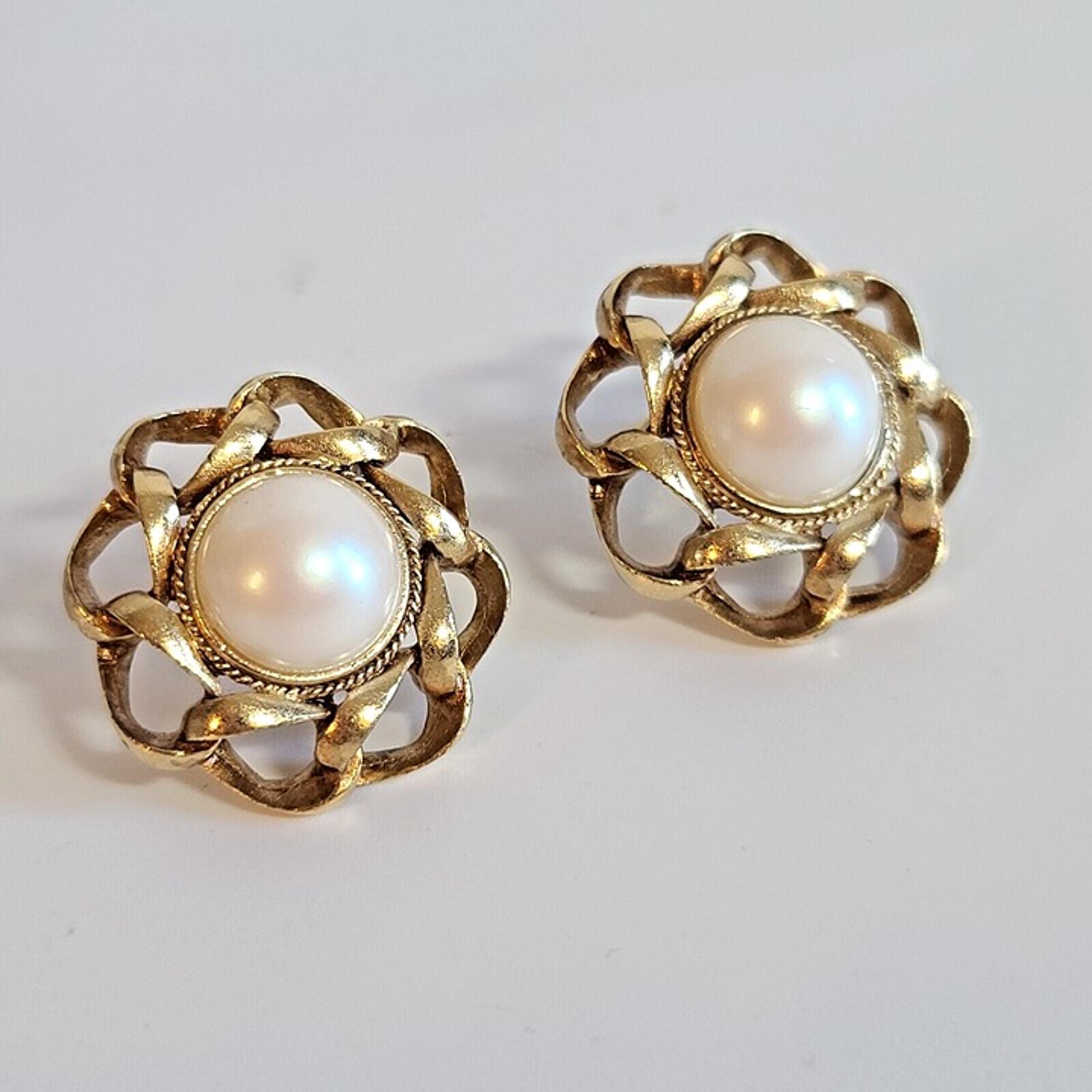 Vintage Givenchy faux pearl round cabochon clip on earrings gold tone Retro big
