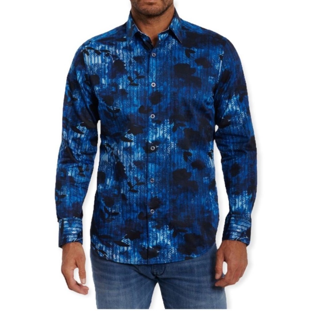 Robert Graham Blue Floral Long Sleeve Dress Shirt Mens L