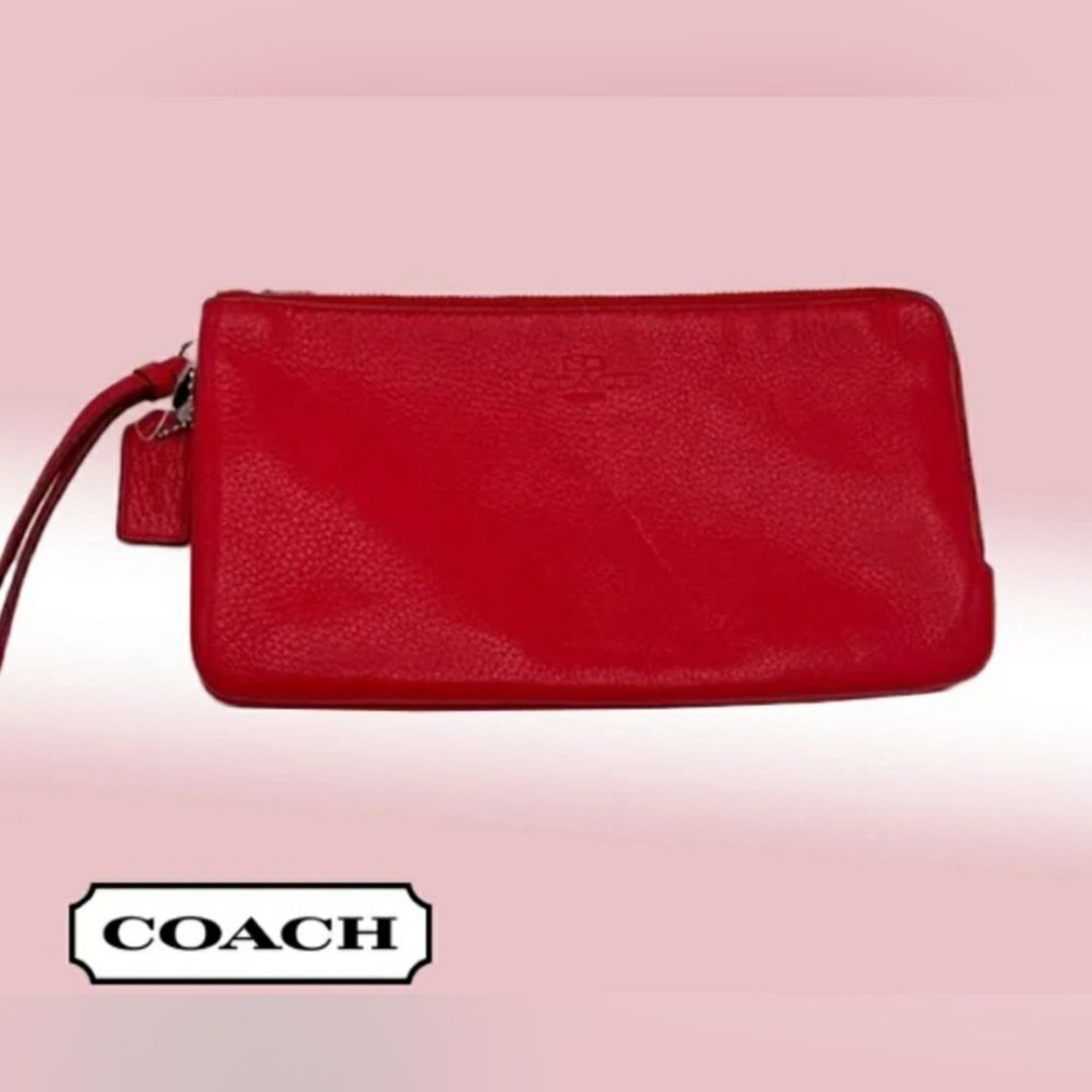 Coach Designer Red-Orange Pebbled Leather Zip 2-Compartment Long Wristlet Wallet