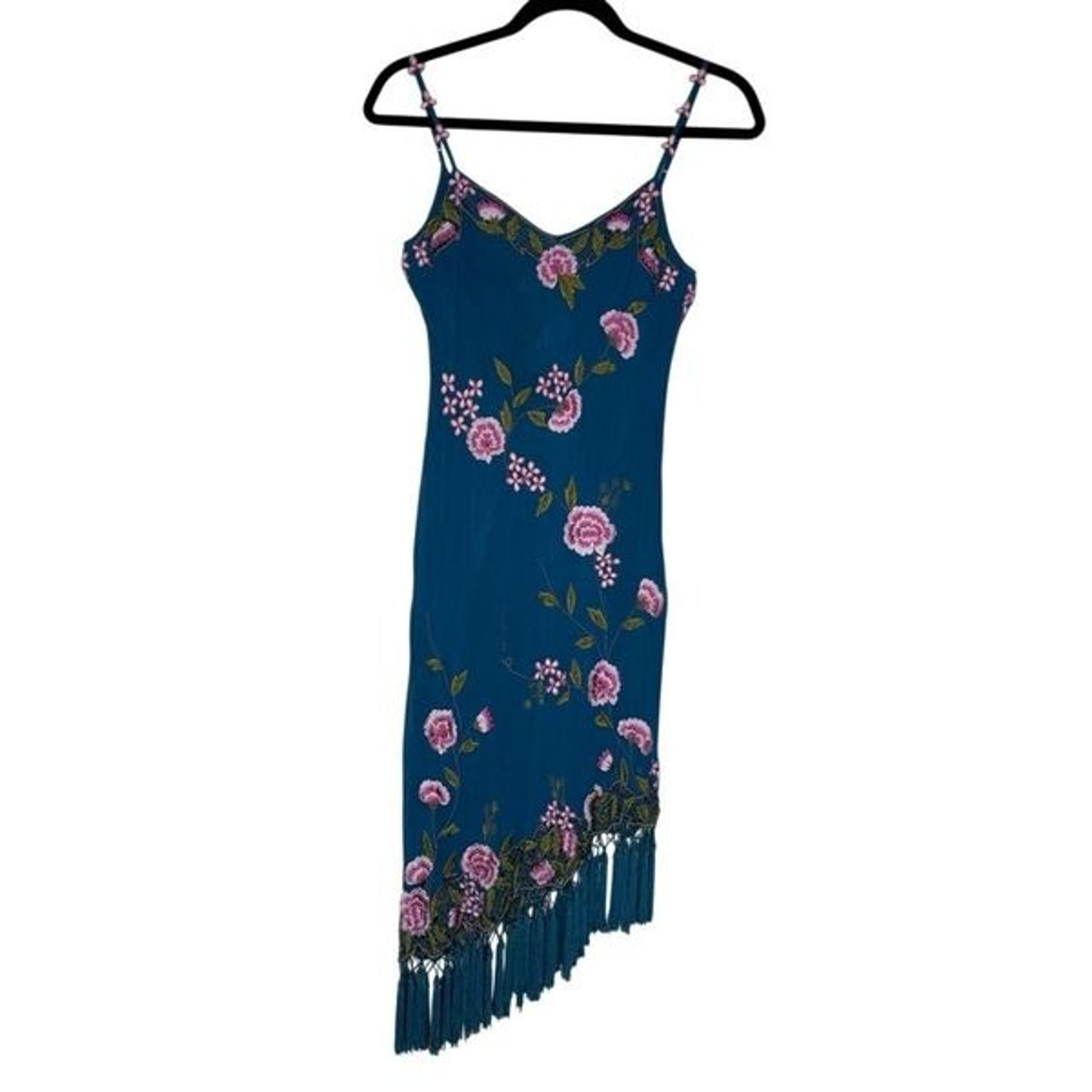 Vintage Sue Wong Y2K Teal Embroidered Asymmetric Hem Fringed Dress Sz 2