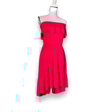 Three Dots Strapless Ruffled Hi Low Dress Sz S Red Stretch Cotton Jersey
