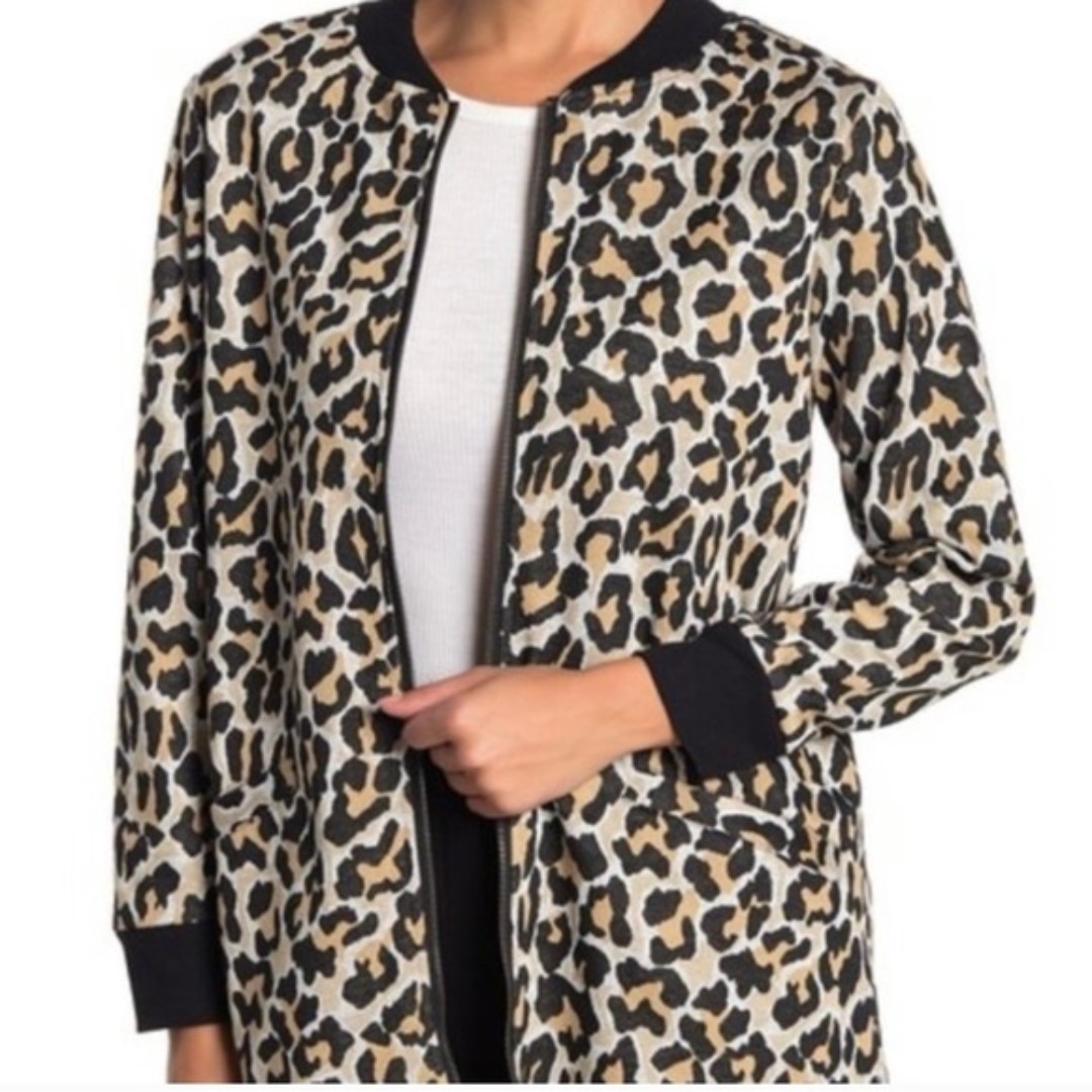 Sanctuary Leopard Print City Topper Long Lined Zip Up Jacket Cardigan Sweater M
