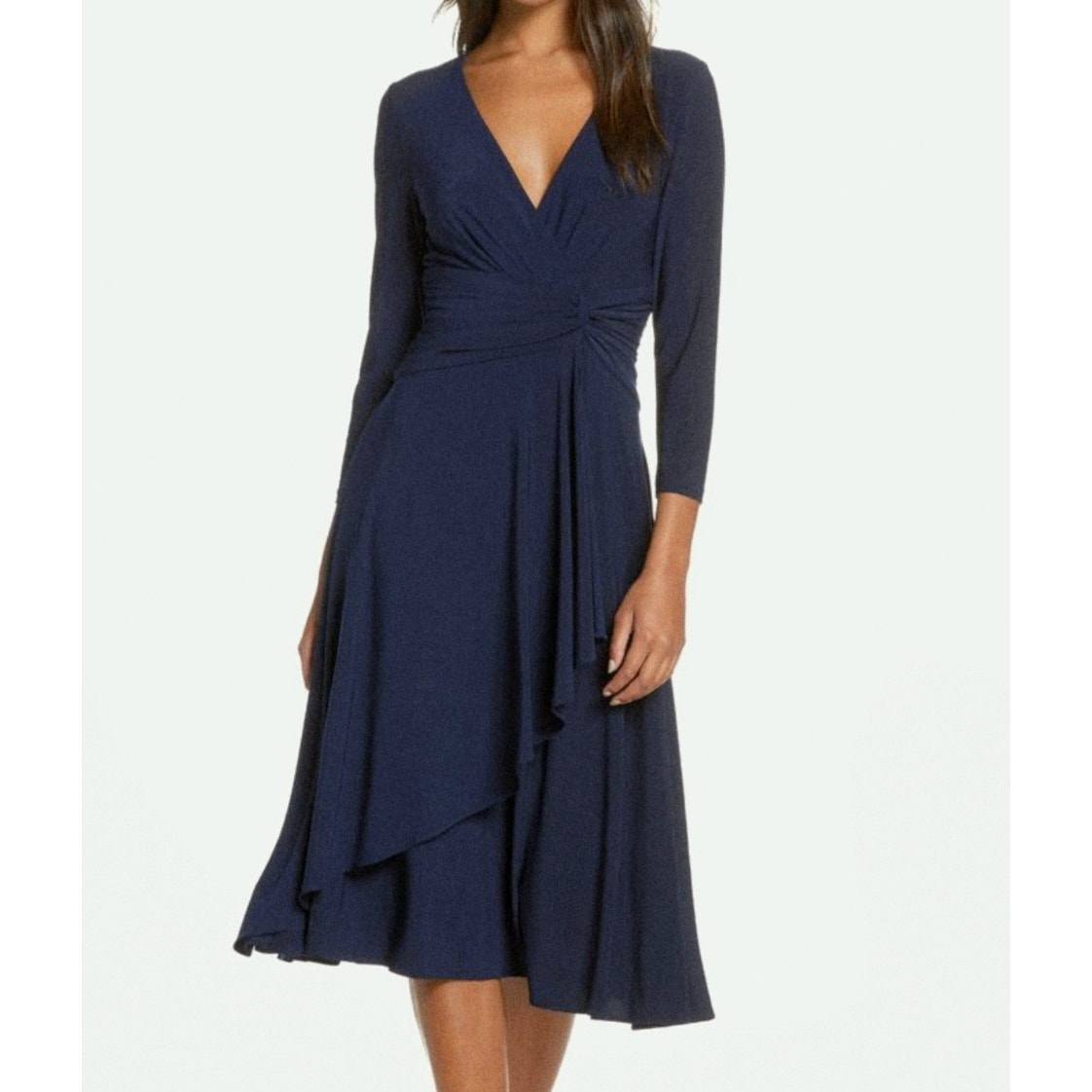 Eliza J Navy Blue Faux Wrap Fit and Flair Long Sleeve V-neck Knit Dress Size 14
