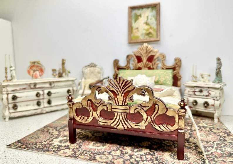 Vintage Art Nouveau Dollhouse Bed, Vintage Miniature Bed, Dollhouse Double Bed -