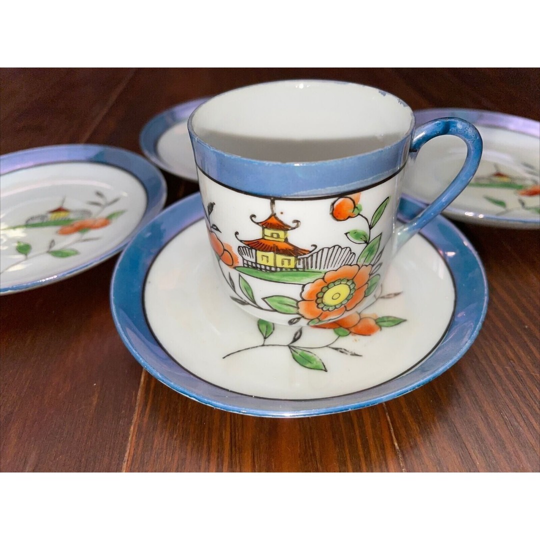 Vintage TT Takito Japan Hand Painted Lusterware Demitasse Cup Saucers Pagoda