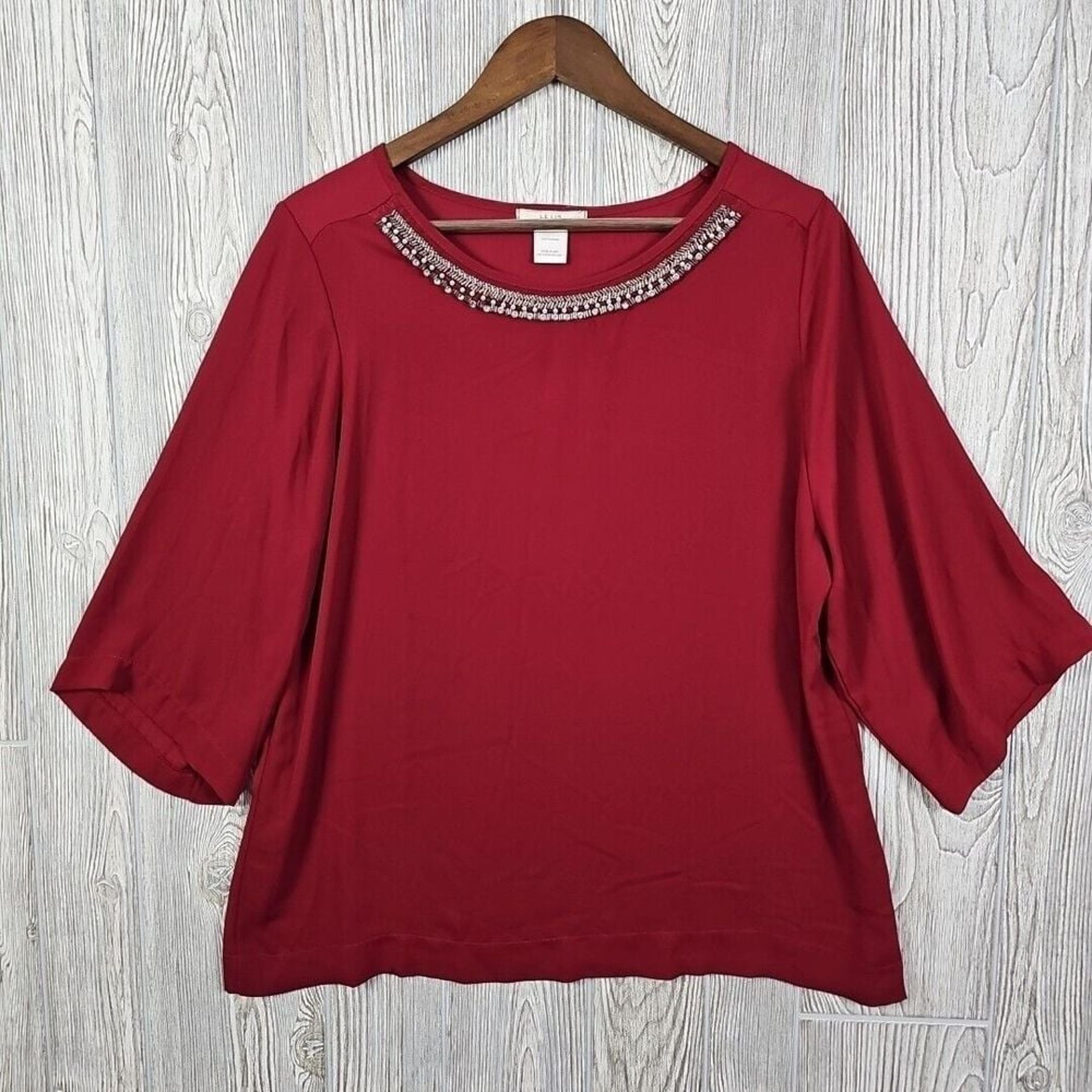 Le Lis Blouse Women's Large Red Rhinestone Beaded Christmas Holiday Party Flowy